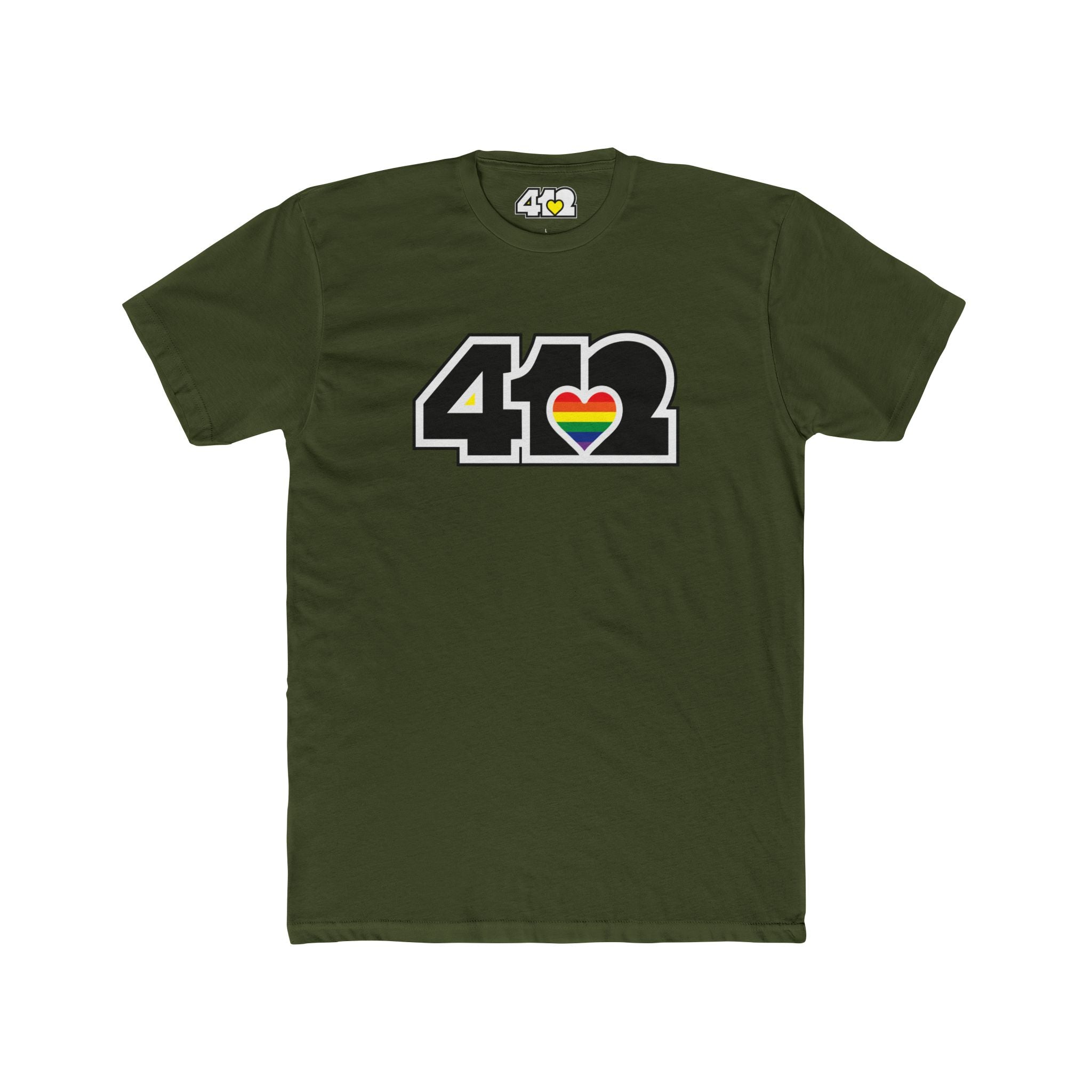 Pittsburgh T-Shirt | Black & Rainbow 412 Logo. Apparel Color: Solid Military Green. Tailored fit T-Shirt with breathable cotton fabric, and classic neckline.