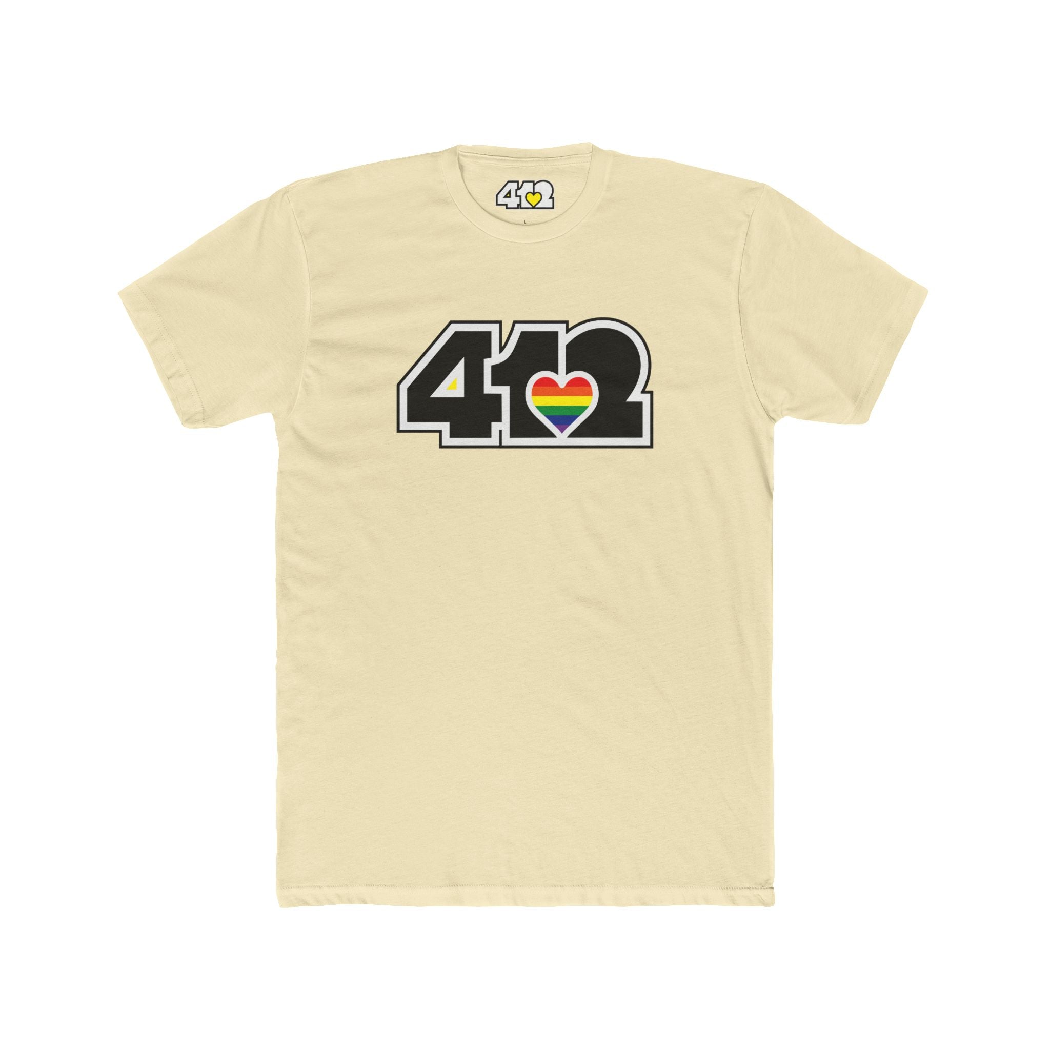 Pittsburgh T-Shirt | Black & Rainbow 412 Logo. Apparel Color: Solid Natural. Tailored fit T-Shirt with breathable cotton fabric, and classic neckline.