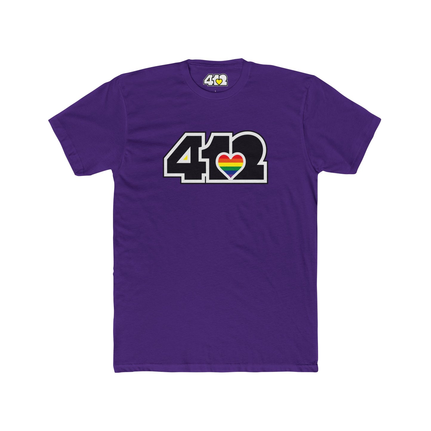 Pittsburgh T-Shirt | Black & Rainbow 412 Logo. Apparel Color: Solid Purple Rush. Tailored fit T-Shirt with breathable cotton fabric, and classic neckline.