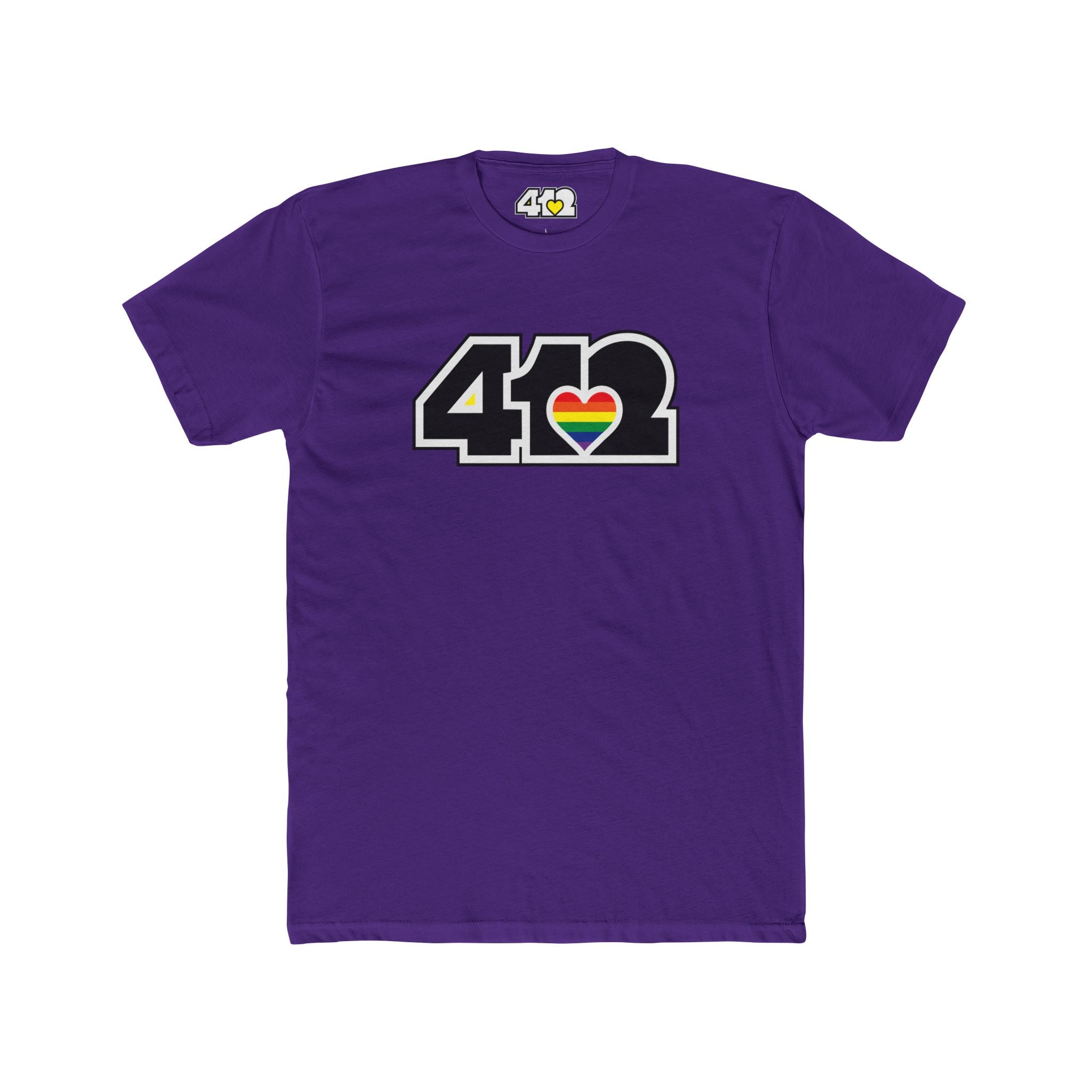 Pittsburgh T-Shirt | Black & Rainbow 412 Logo. Apparel Color: Solid Purple Rush. Tailored fit T-Shirt with breathable cotton fabric, and classic neckline.