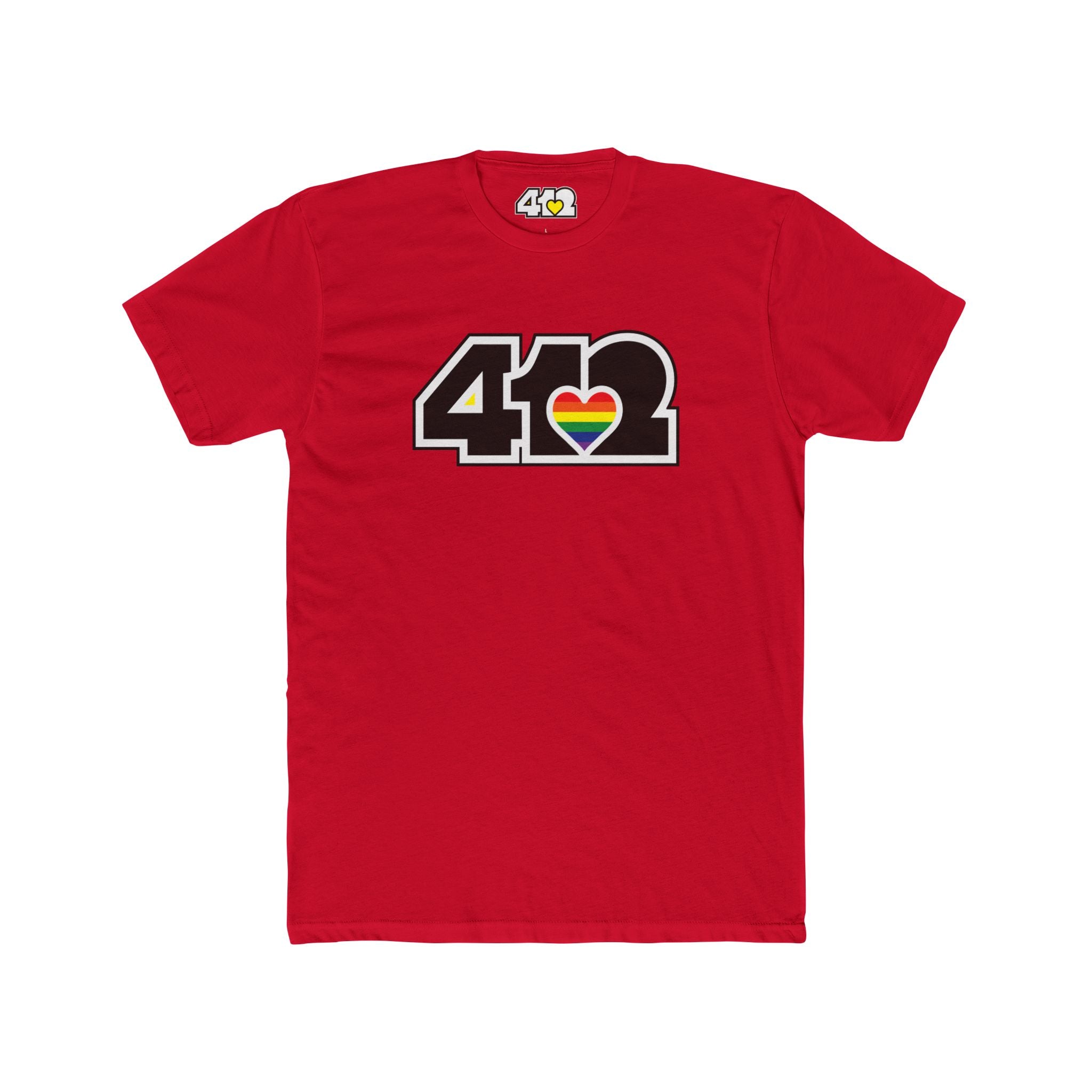 Pittsburgh T-Shirt | Black & Rainbow 412 Logo. Apparel Color: Solid Red. Tailored fit T-Shirt with breathable cotton fabric, and classic neckline.