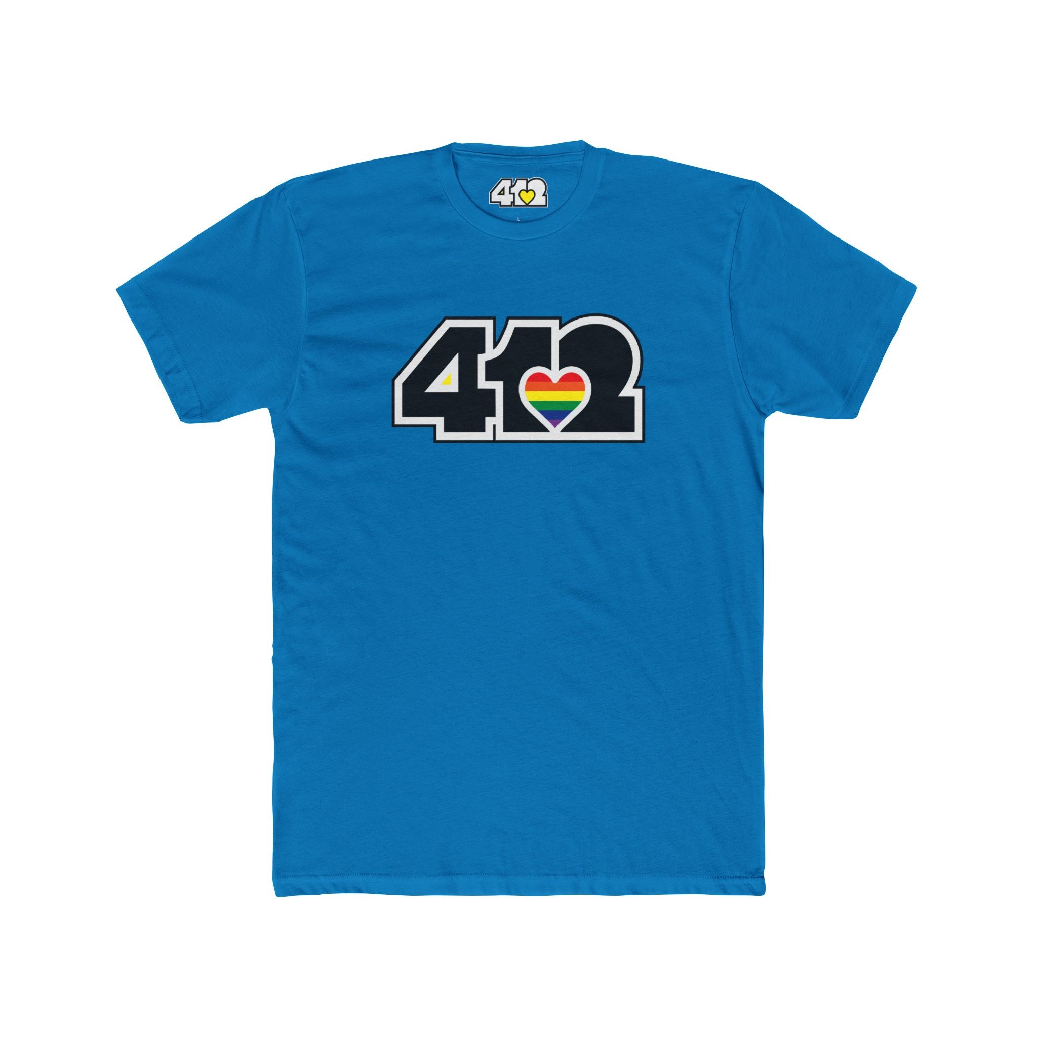 Pittsburgh T-Shirt | Black & Rainbow 412 Logo. Apparel Color: Solid Turquoise. Tailored fit T-Shirt with breathable cotton fabric, and classic neckline.