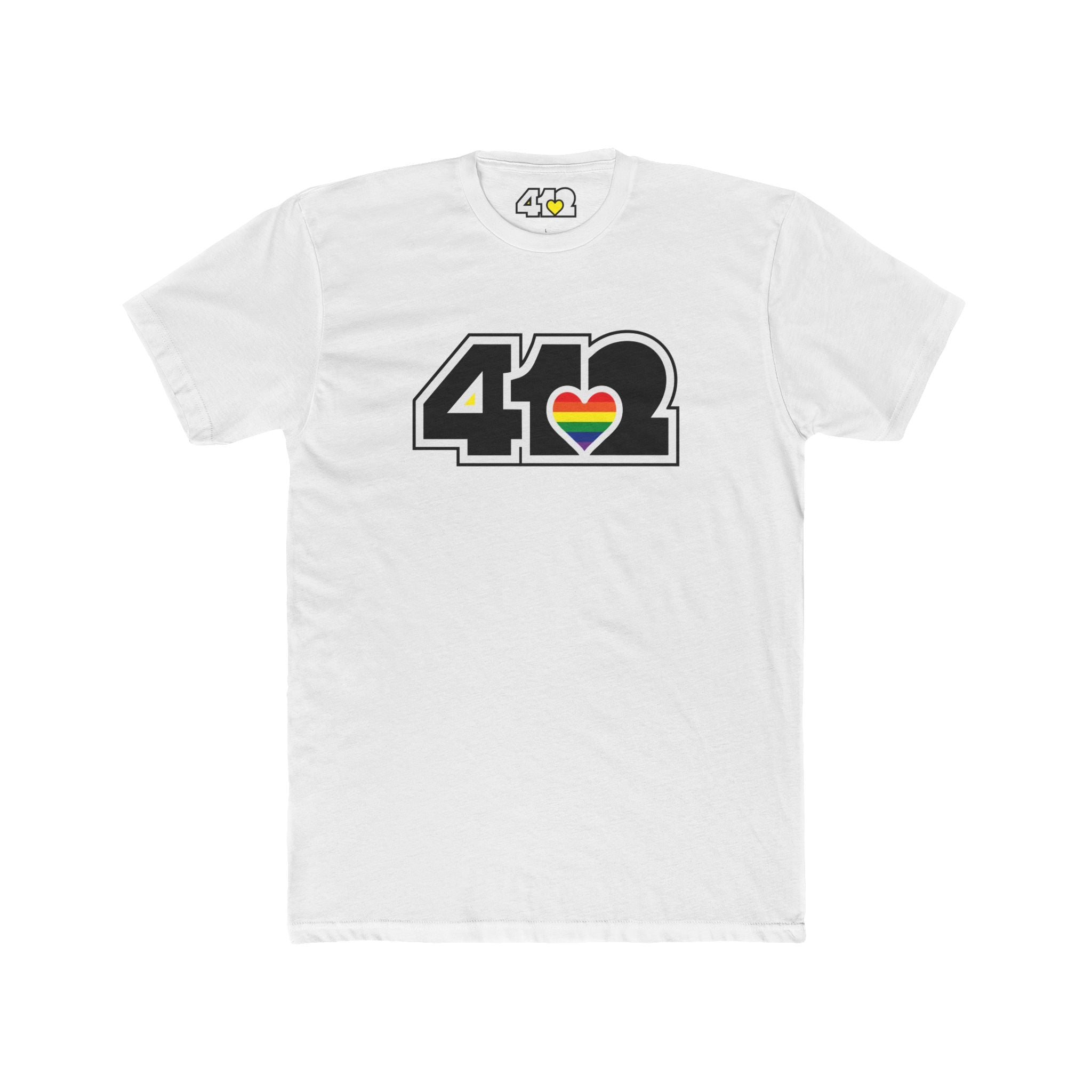 Pittsburgh T-Shirt | Black & Rainbow 412 Logo. Apparel Color: Solid White. Tailored fit T-Shirt with breathable cotton fabric, and classic neckline.