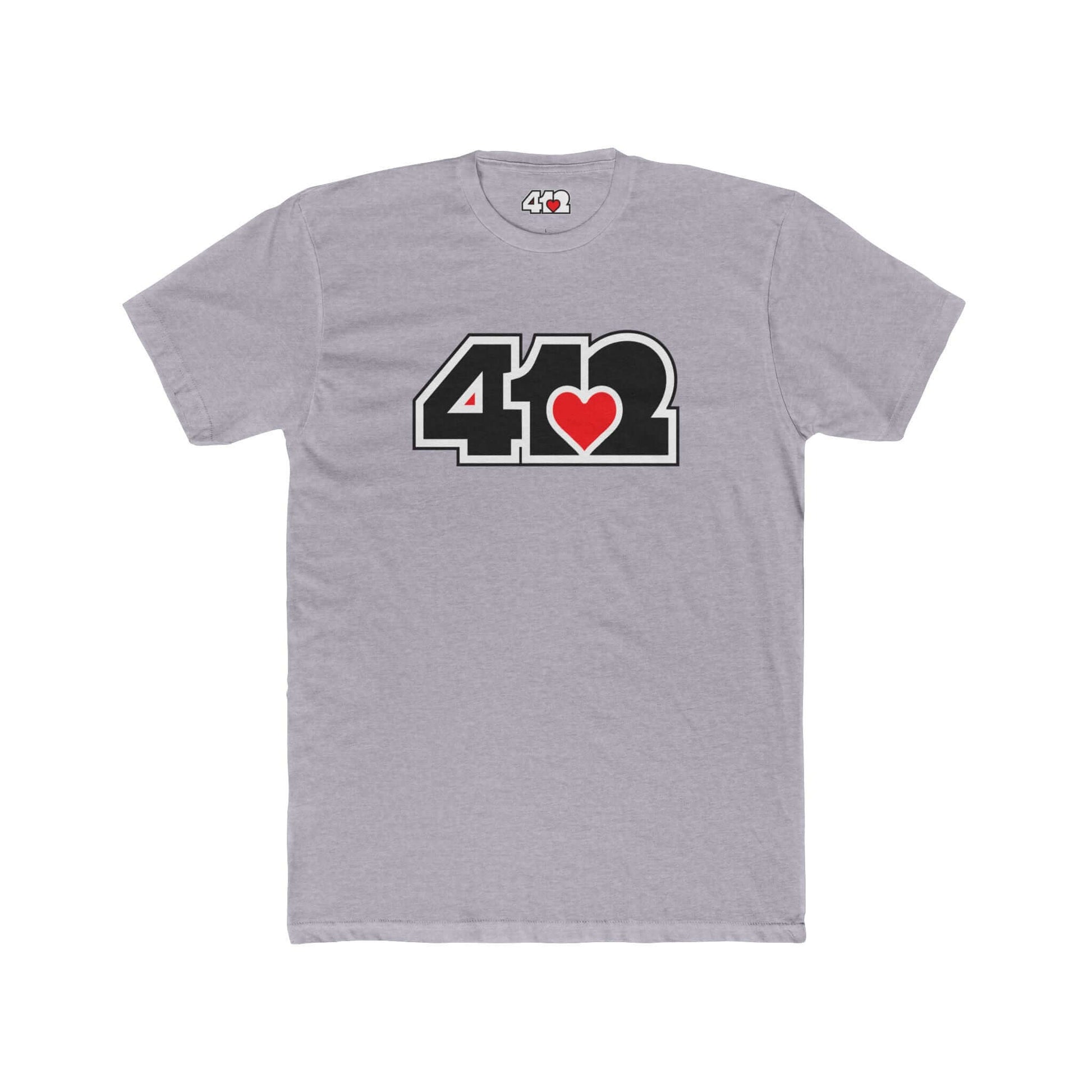 Pittsburgh T-Shirt | Black & Red 412 Logo. Apparel Color: Heather Grey. Tailored fit T-Shirt with breathable cotton fabric, and classic neckline.