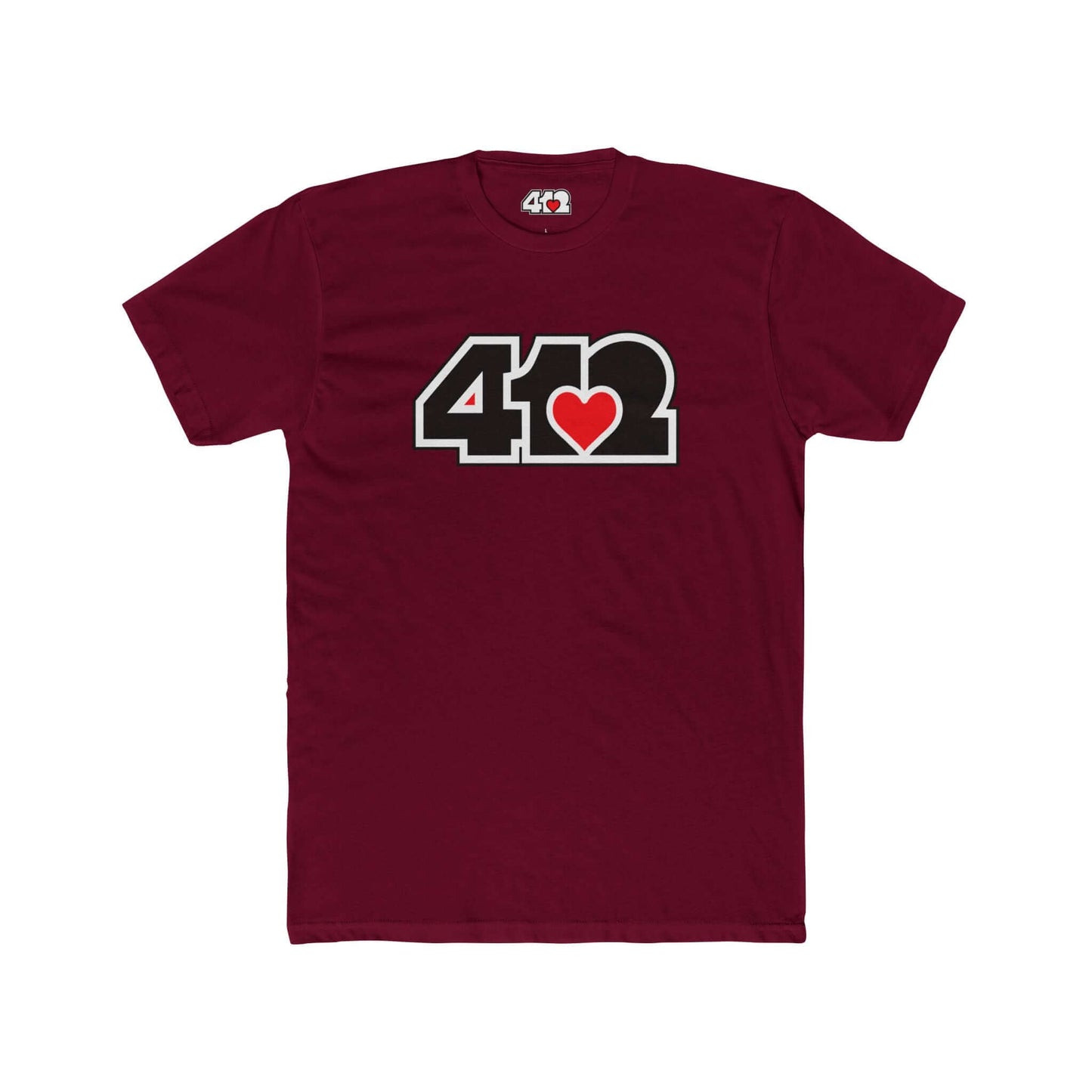 Pittsburgh T-Shirt | Black & Red 412 Logo. Apparel Color: Solid Cardinal Red. Tailored fit T-Shirt with breathable cotton fabric, and classic neckline.