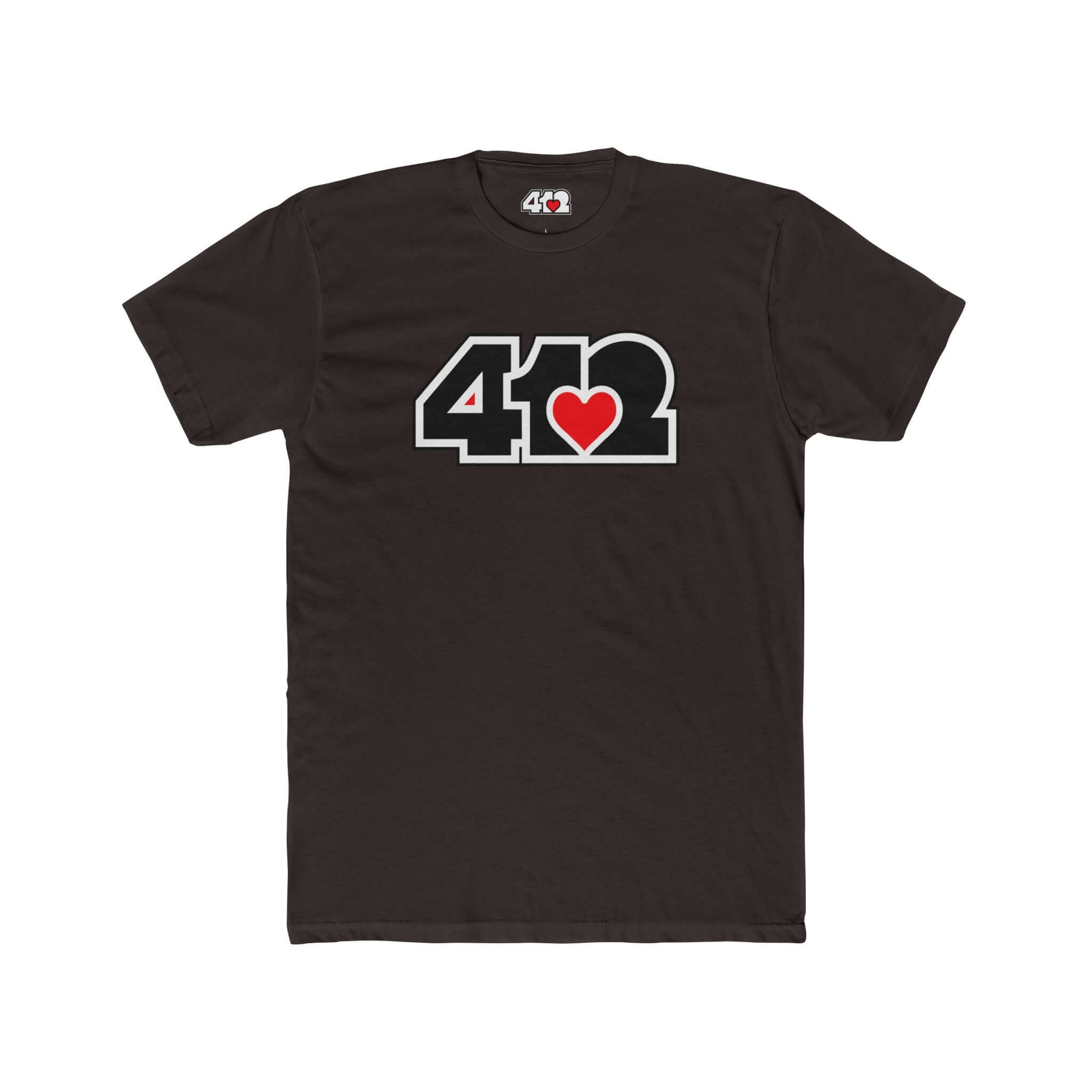 Pittsburgh T-Shirt | Black & Red 412 Logo. Apparel Color: Solid Dark Chocolate. Tailored fit T-Shirt with breathable cotton fabric, and classic neckline.