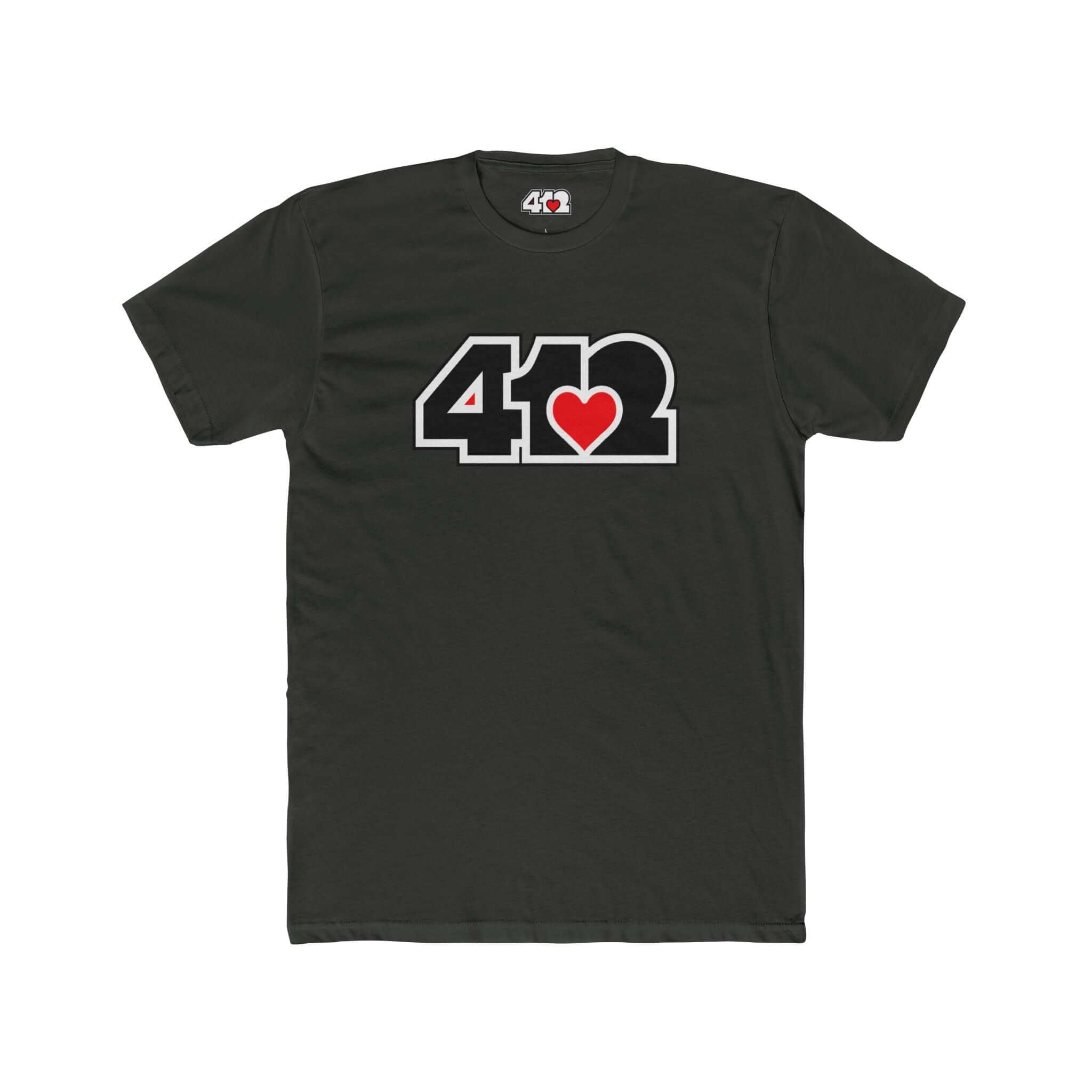 Pittsburgh T-Shirt | Black & Red 412 Logo. Apparel Color: Solid Heavy Metal. Tailored fit T-Shirt with breathable cotton fabric, and classic neckline.