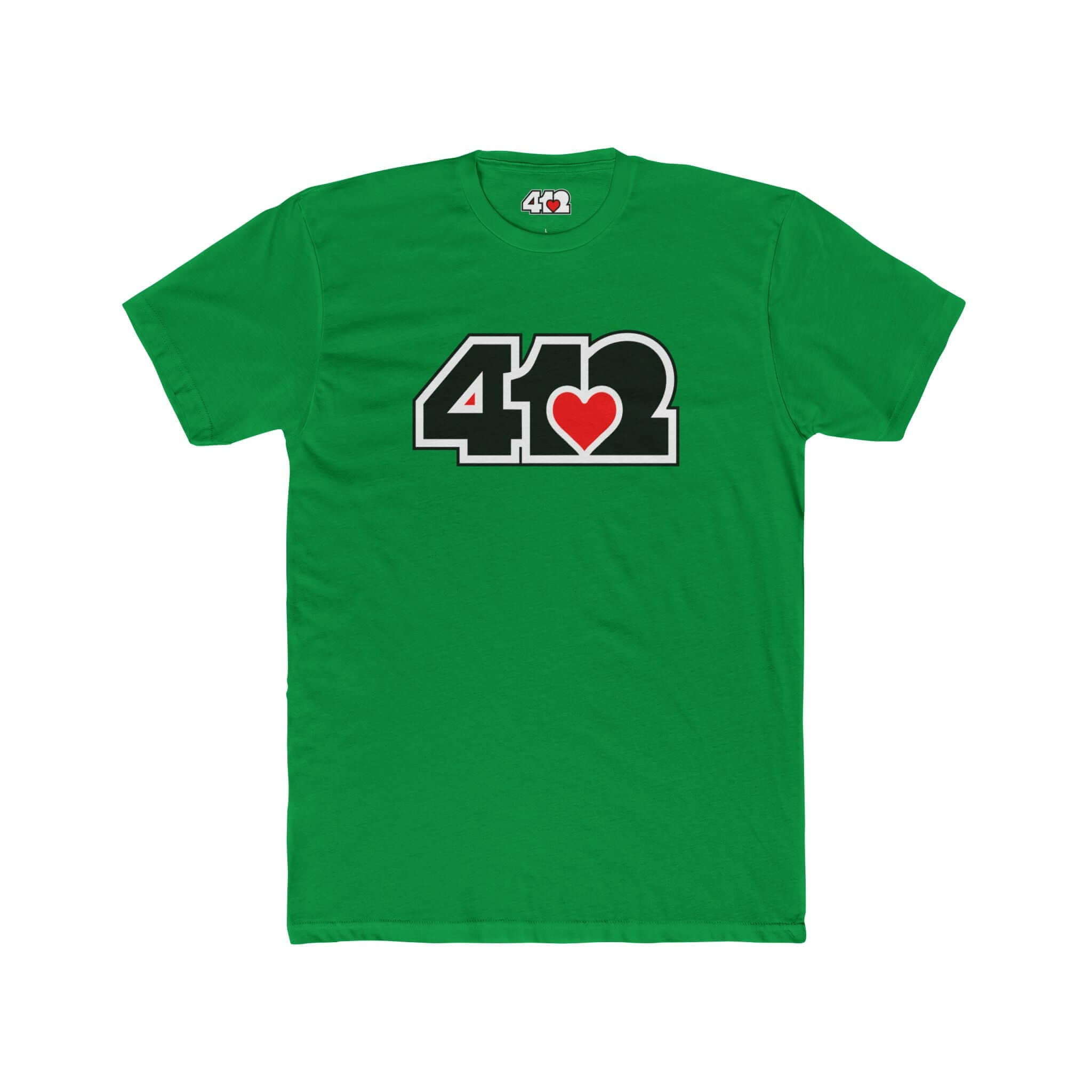 Pittsburgh T-Shirt | Black & Red 412 Logo. Apparel Color: Solid Kelly Green. Tailored fit T-Shirt with breathable cotton fabric, and classic neckline.
