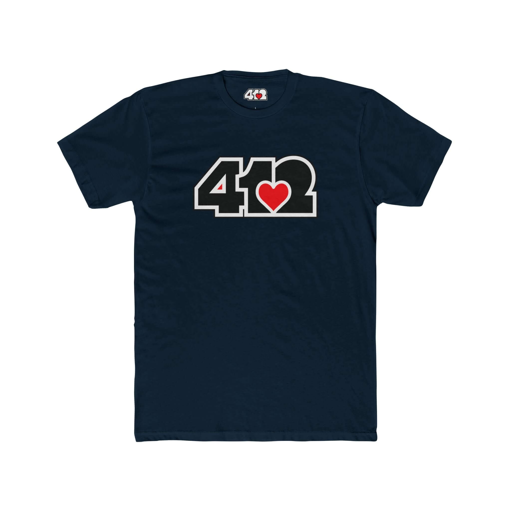 Pittsburgh T-Shirt | Black & Red 412 Logo. Apparel Color: Solid Midnight Navy. Tailored fit T-Shirt with breathable cotton fabric, and classic neckline.
