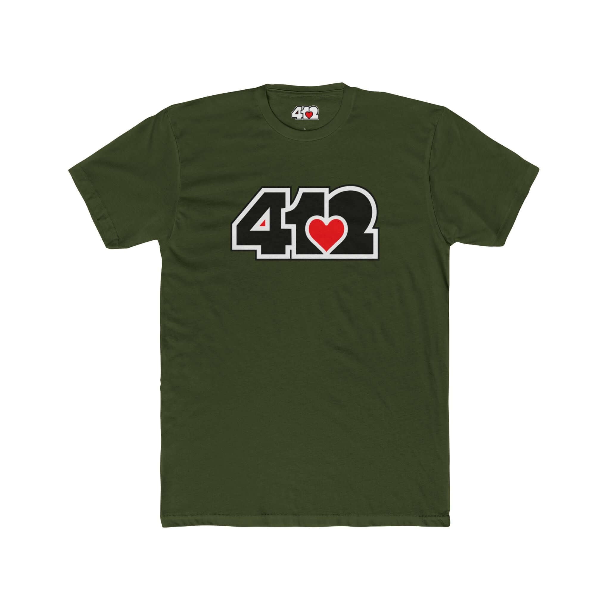Pittsburgh T-Shirt | Black & Red 412 Logo. Apparel Color: Solid Military Green. Tailored fit T-Shirt with breathable cotton fabric, and classic neckline.