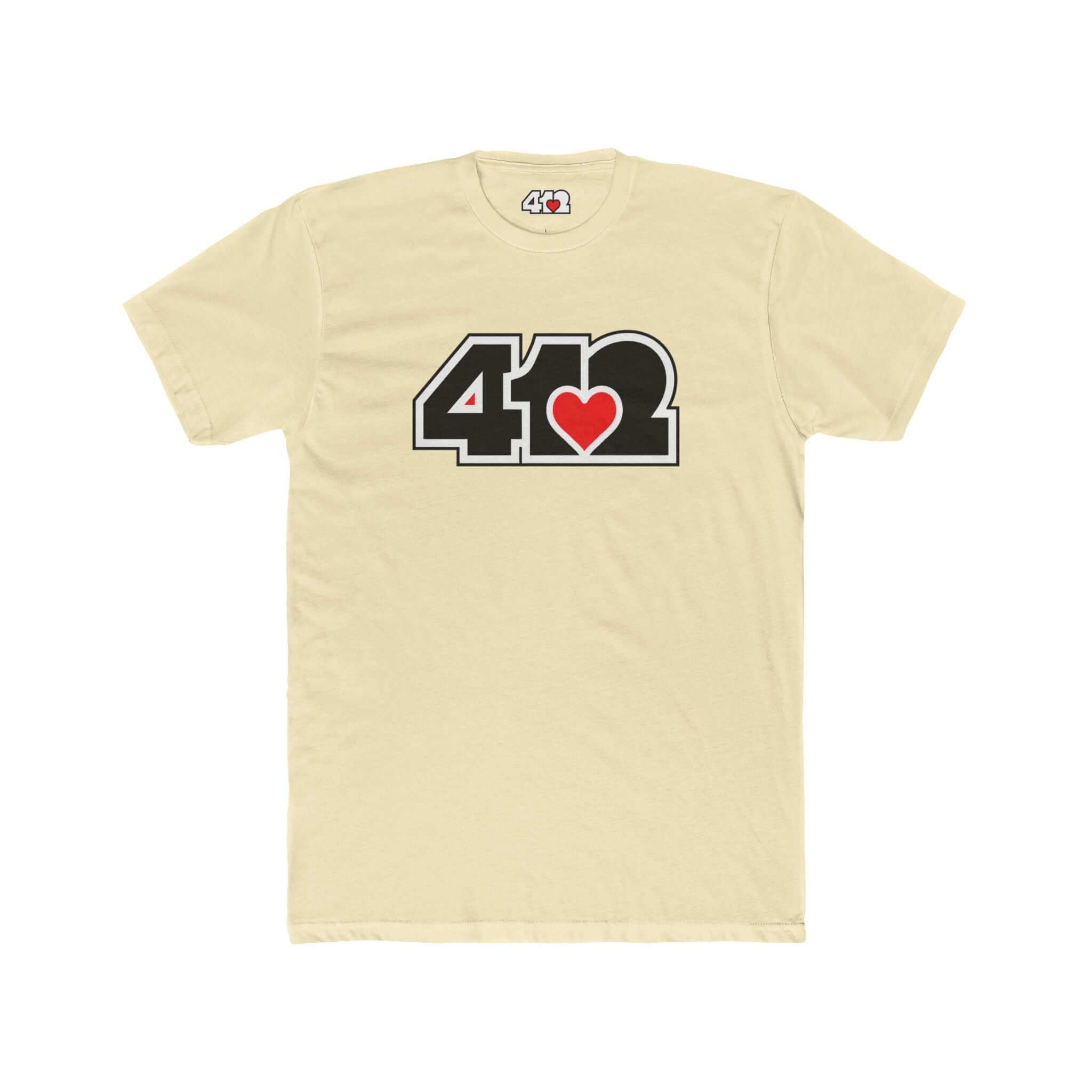 Pittsburgh T-Shirt | Black & Red 412 Logo. Apparel Color: Solid Natural. Tailored fit T-Shirt with breathable cotton fabric, and classic neckline.