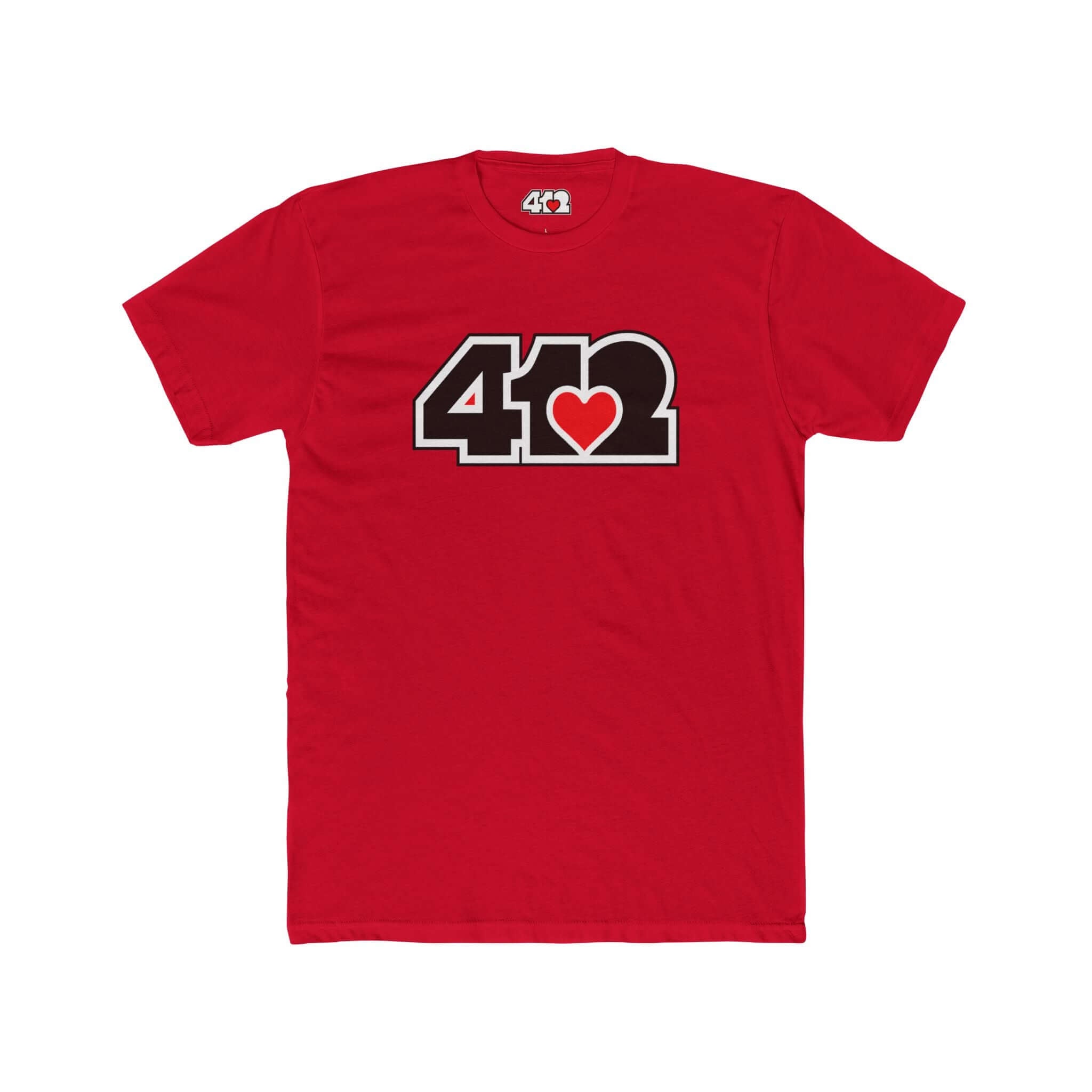 Pittsburgh T-Shirt | Black & Red 412 Logo. Apparel Color: Solid Red. Tailored fit T-Shirt with breathable cotton fabric, and classic neckline.