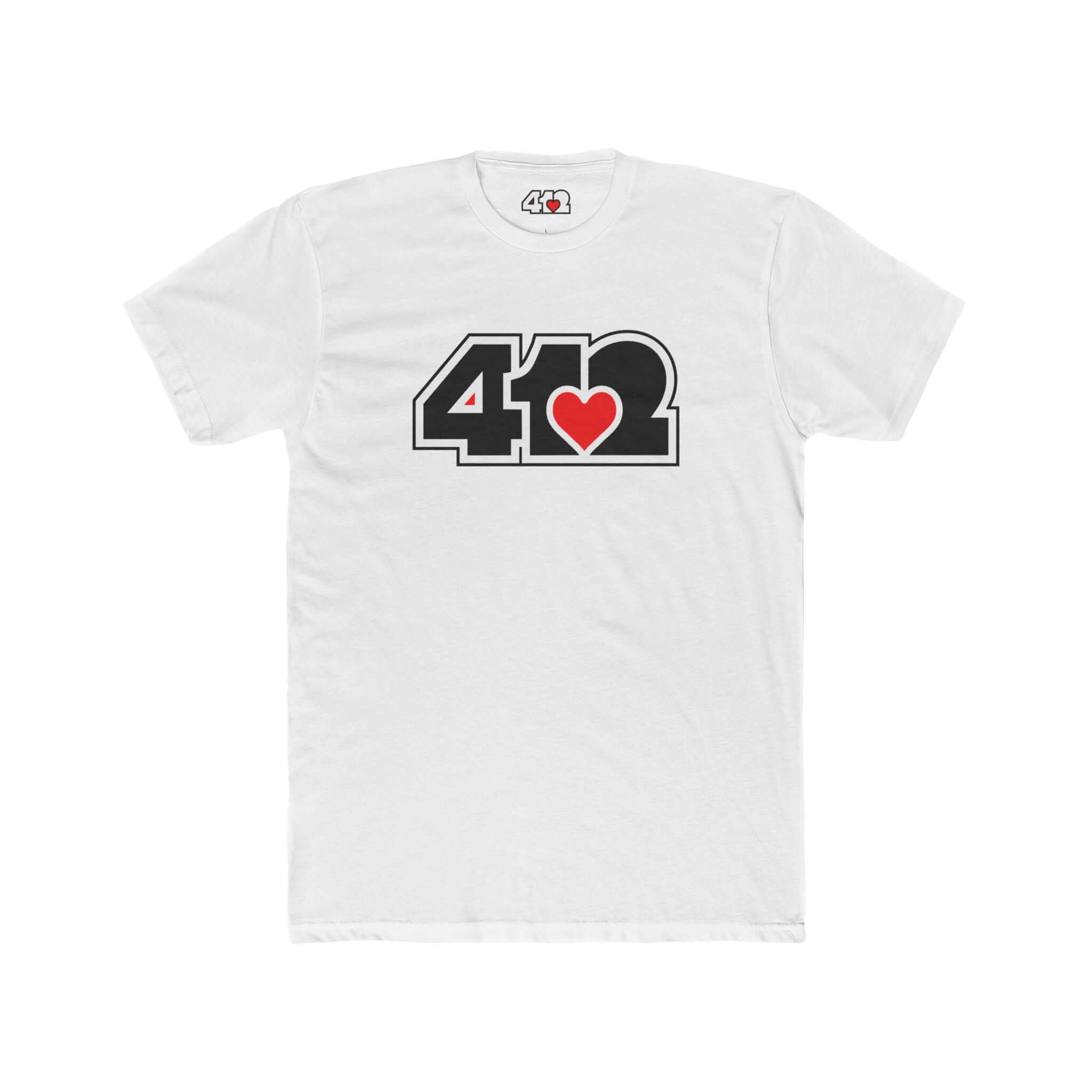 Pittsburgh T-Shirt | Black & Red 412 Logo. Apparel Color: Solid White. Tailored fit T-Shirt with breathable cotton fabric, and classic neckline.