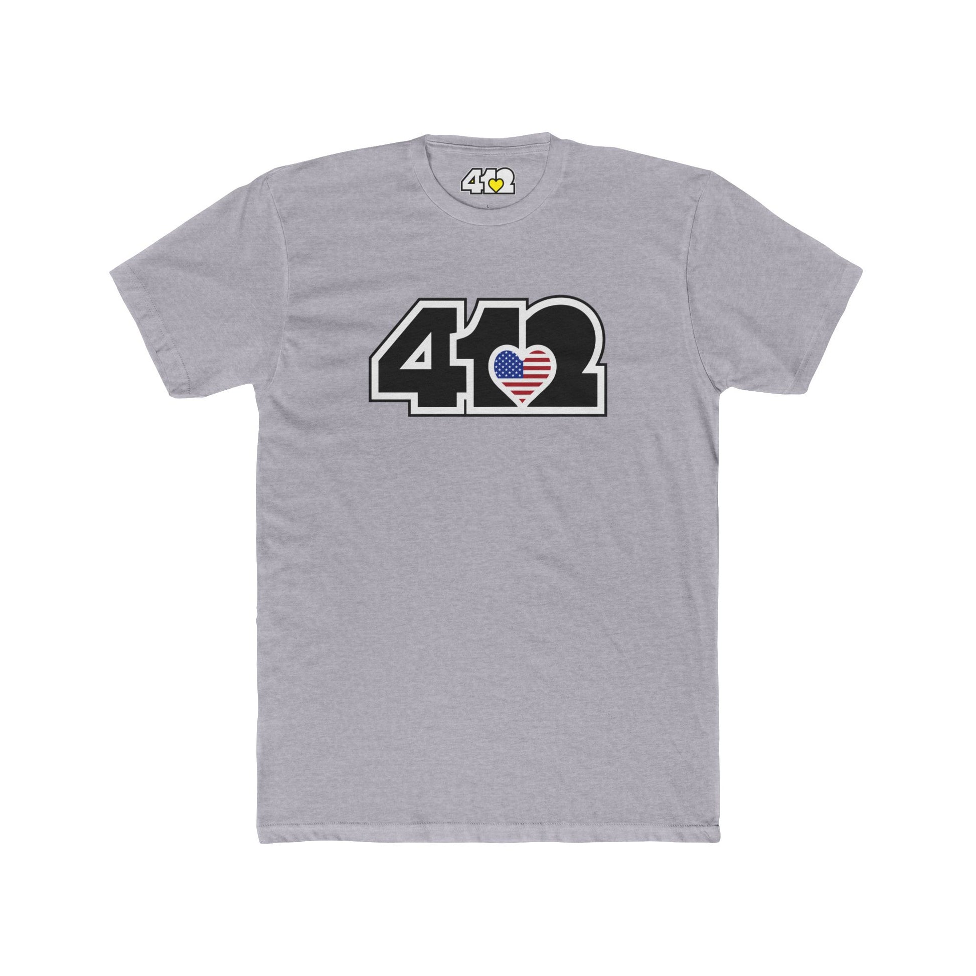 Pittsburgh T-Shirt | Black Stars & Stripes 412 Logo. Apparel Color: Heather Grey. Tailored fit T-Shirt with breathable cotton fabric, and classic neckline.