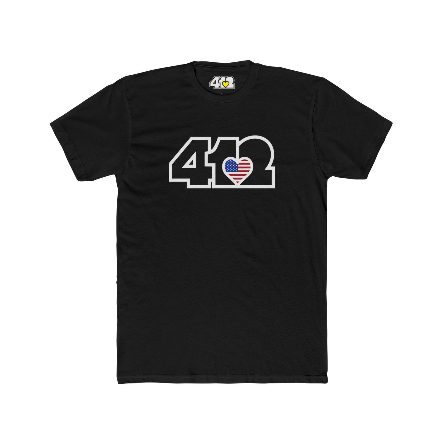 Pittsburgh T-Shirt | Black Stars & Stripes 412 Logo. Apparel Color: Solid Black. Tailored fit T-Shirt with breathable cotton fabric, and classic neckline.