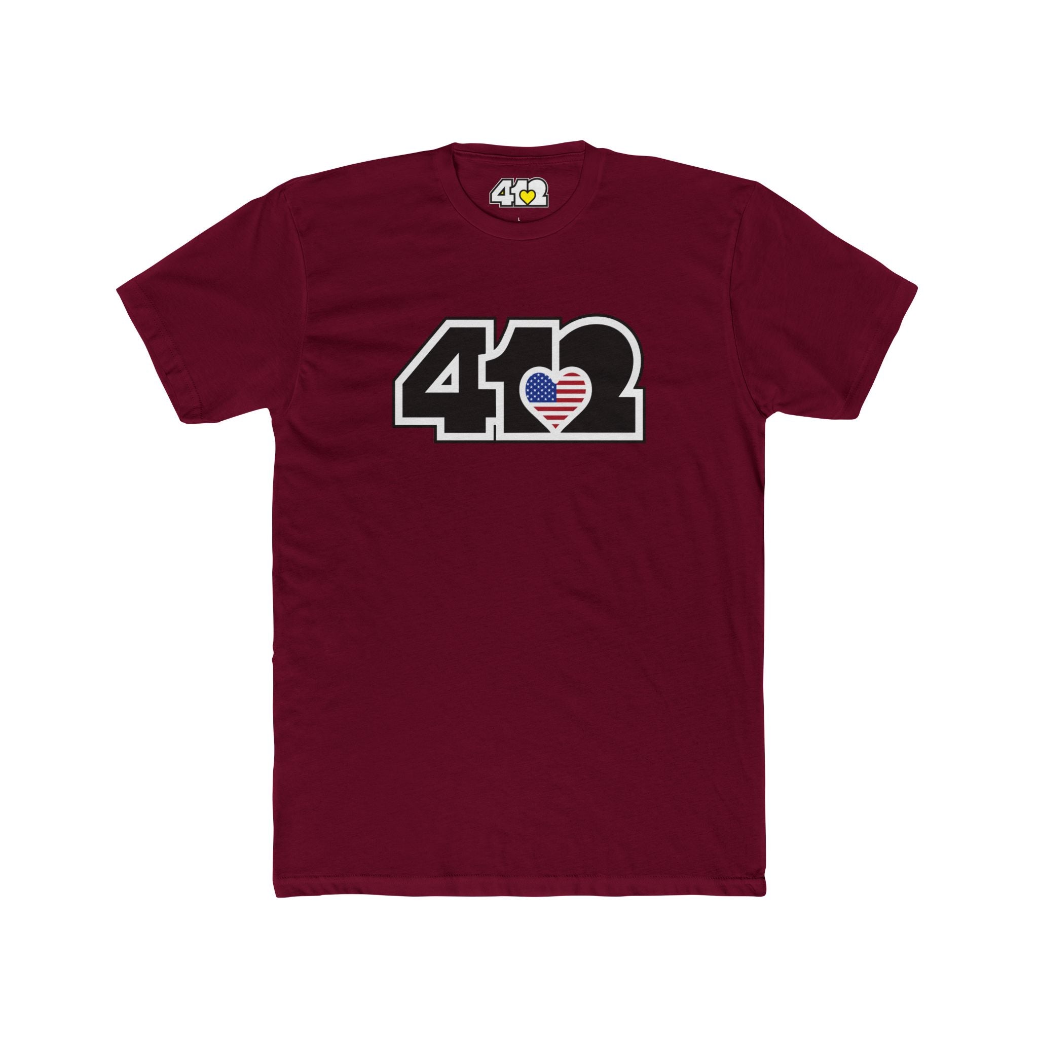 Pittsburgh T-Shirt | Black Stars & Stripes 412 Logo. Apparel Color: Solid Cardinal Red. Tailored fit T-Shirt with breathable cotton fabric, and classic neckline.