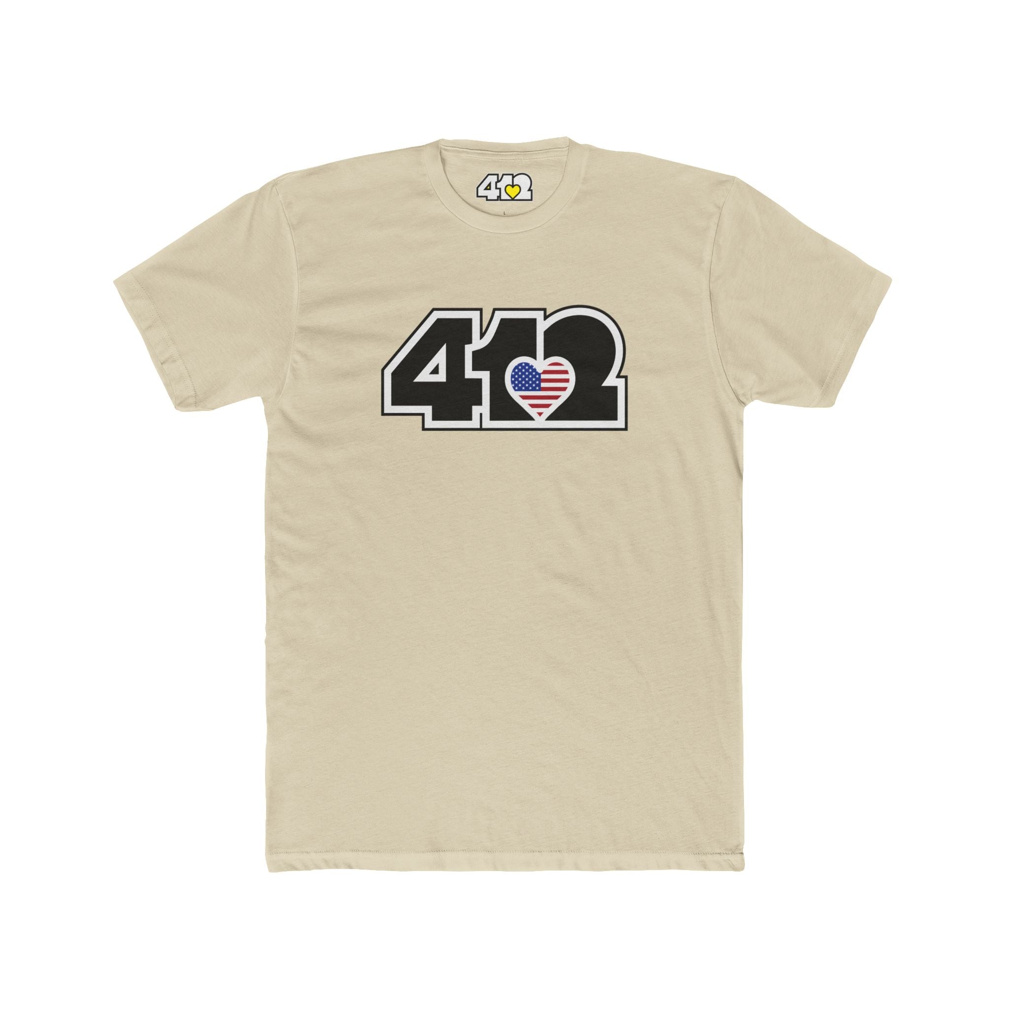 Pittsburgh T-Shirt | Black Stars & Stripes 412 Logo. Apparel Color: Solid Cream. Tailored fit T-Shirt with breathable cotton fabric, and classic neckline.