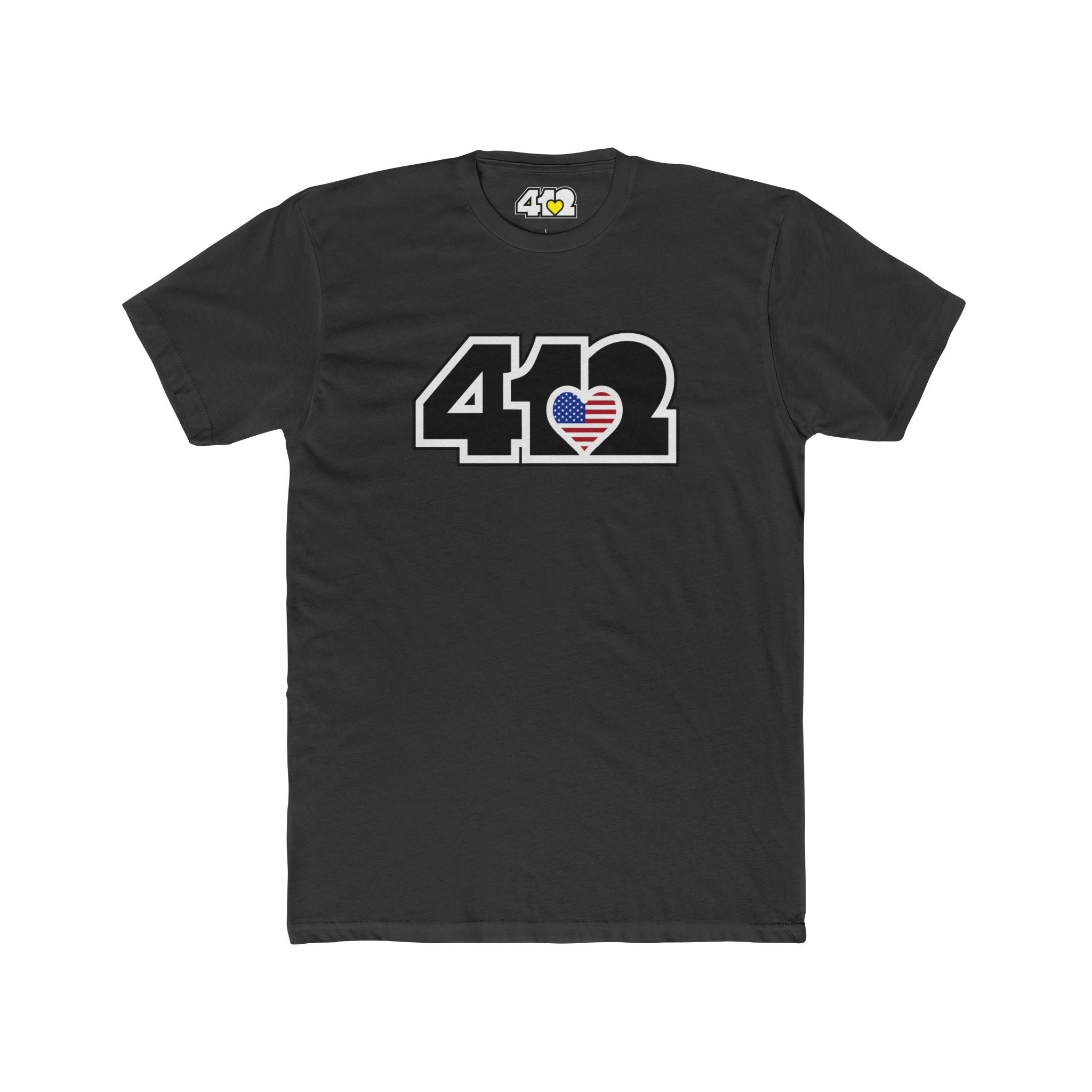 Pittsburgh T-Shirt | Black Stars & Stripes 412 Logo. Apparel Color: Solid Heavy Metal. Tailored fit T-Shirt with breathable cotton fabric, and classic neckline.
