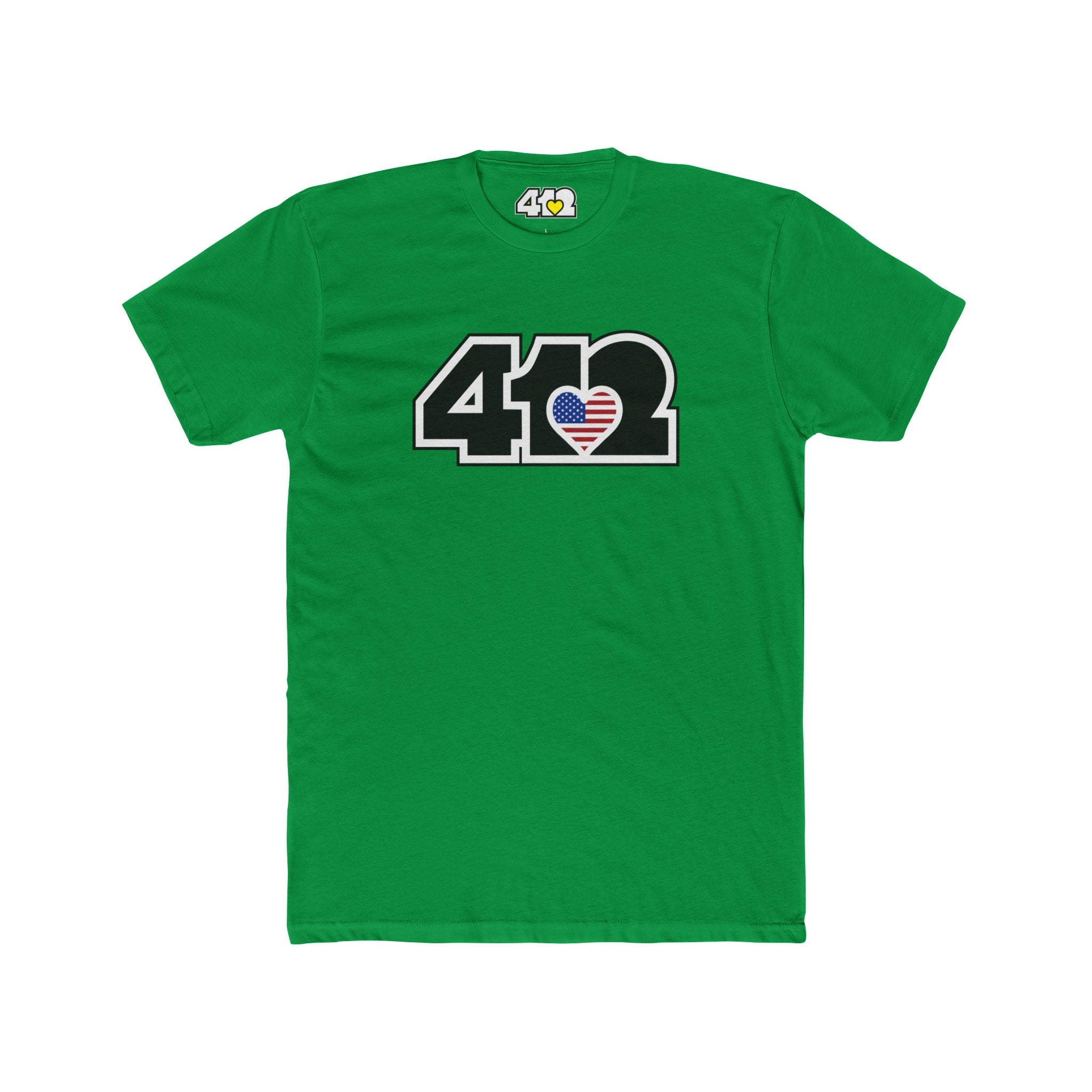 Pittsburgh T-Shirt | Black Stars & Stripes 412 Logo. Apparel Color: Solid Kelly Green. Tailored fit T-Shirt with breathable cotton fabric, and classic neckline.