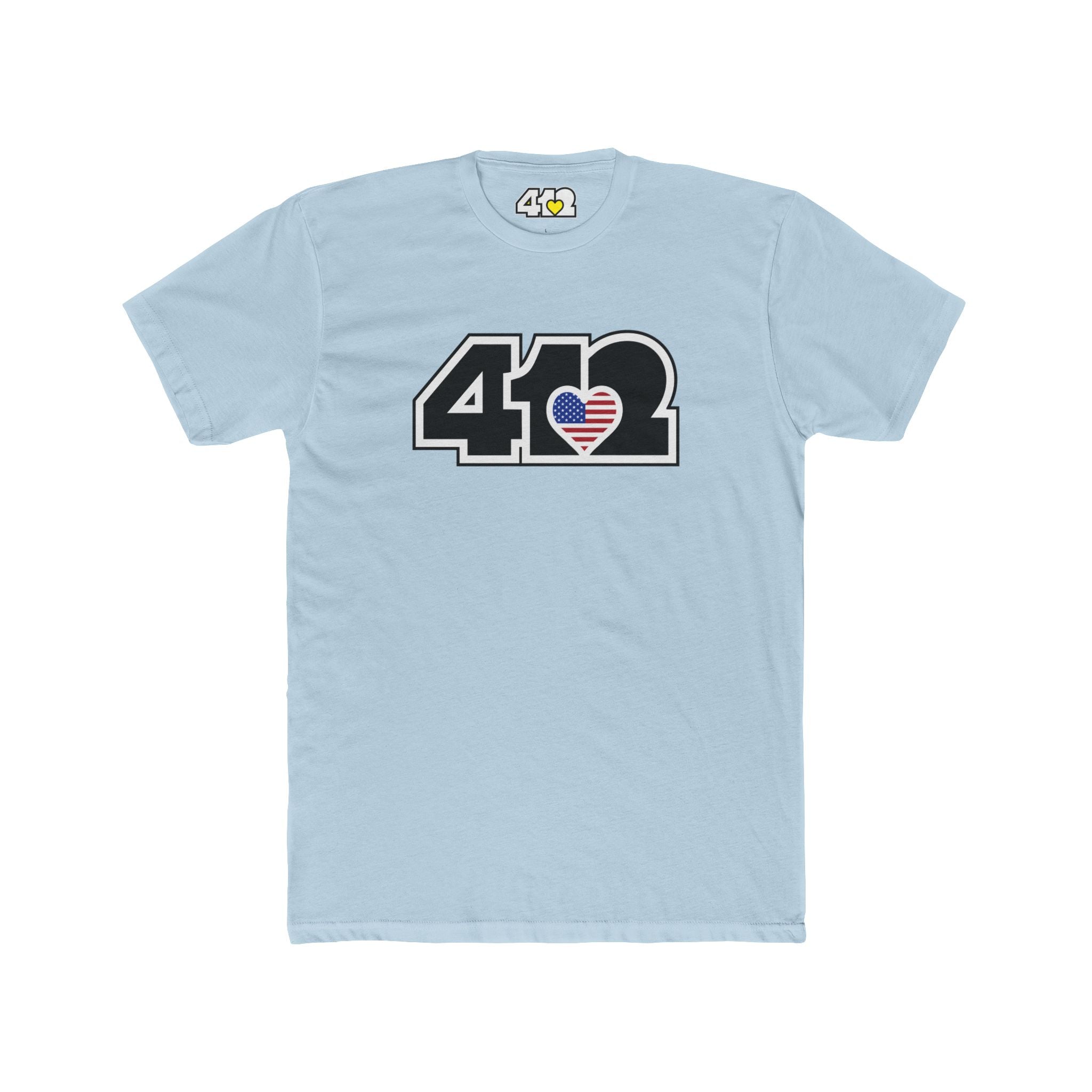 Pittsburgh T-Shirt | Black Stars & Stripes 412 Logo. Apparel Color: Solid Light Blue. Tailored fit T-Shirt with breathable cotton fabric, and classic neckline.