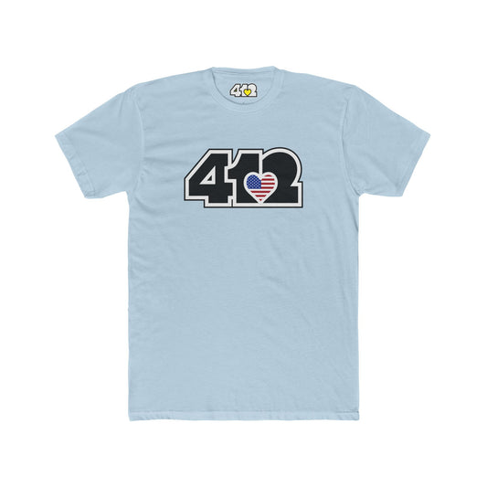 Pittsburgh T-Shirt | Black Stars & Stripes 412 Logo. Apparel Color: Solid Light Blue. Tailored fit T-Shirt with breathable cotton fabric, and classic neckline.