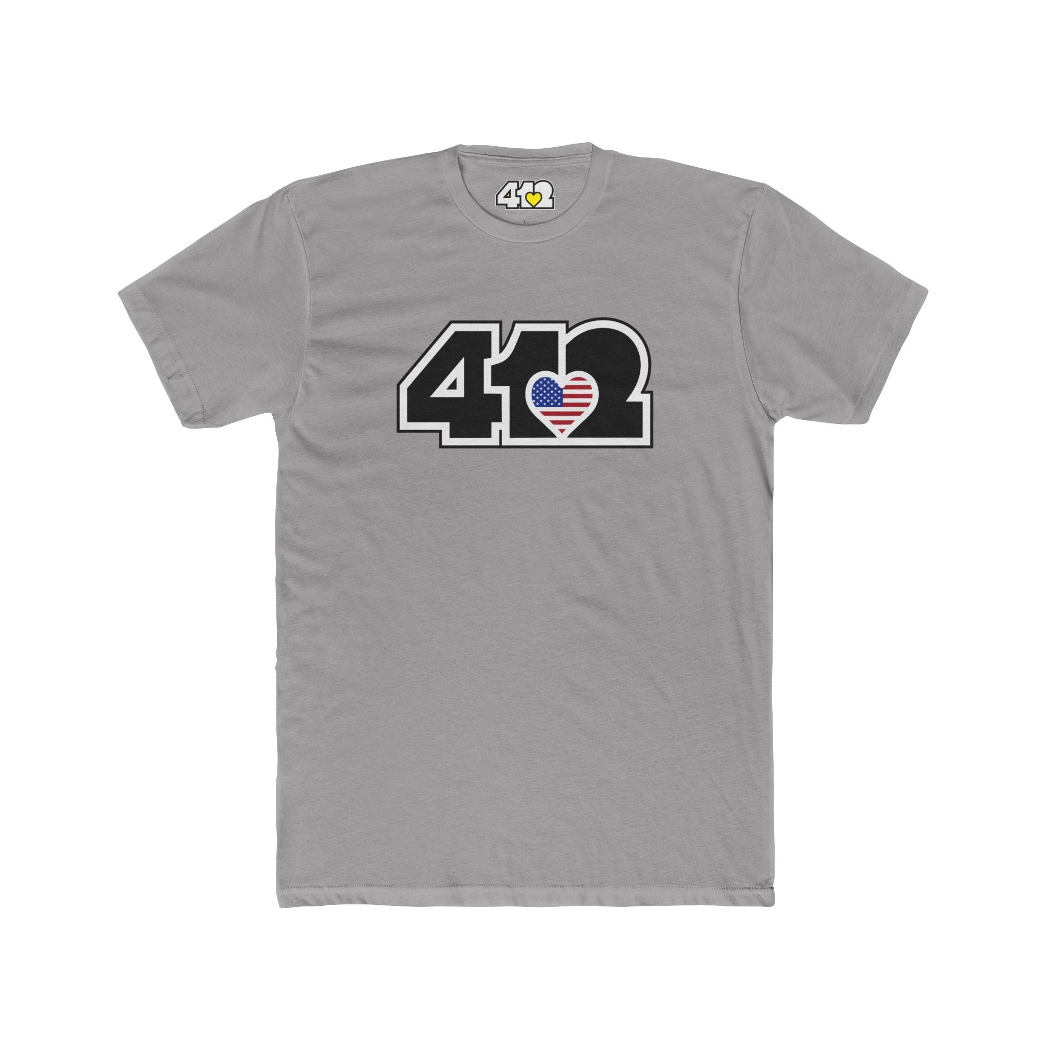 Pittsburgh T-Shirt | Black Stars & Stripes 412 Logo. Apparel Color: Solid Light Grey. Tailored fit T-Shirt with breathable cotton fabric, and classic neckline.