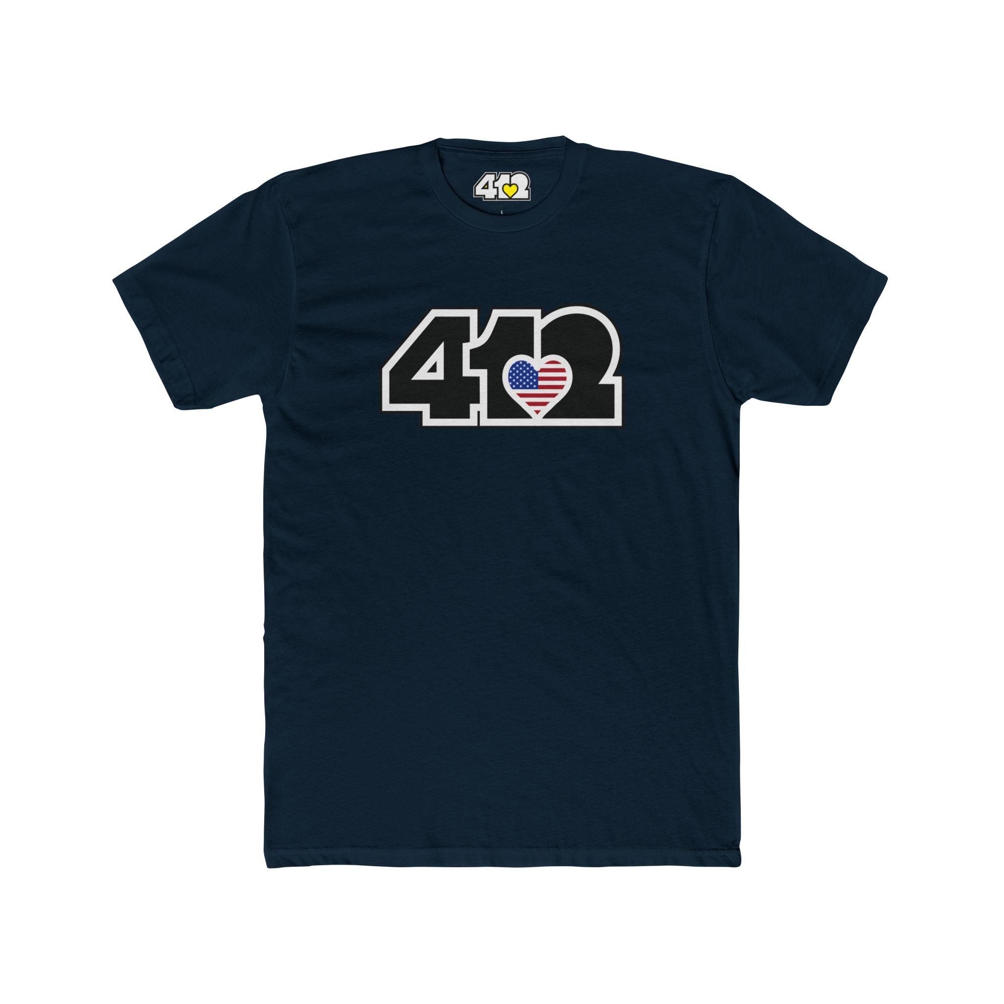 Pittsburgh T-Shirt | Black Stars & Stripes 412 Logo. Apparel Color: Solid Midnight Navy. Tailored fit T-Shirt with breathable cotton fabric, and classic neckline.