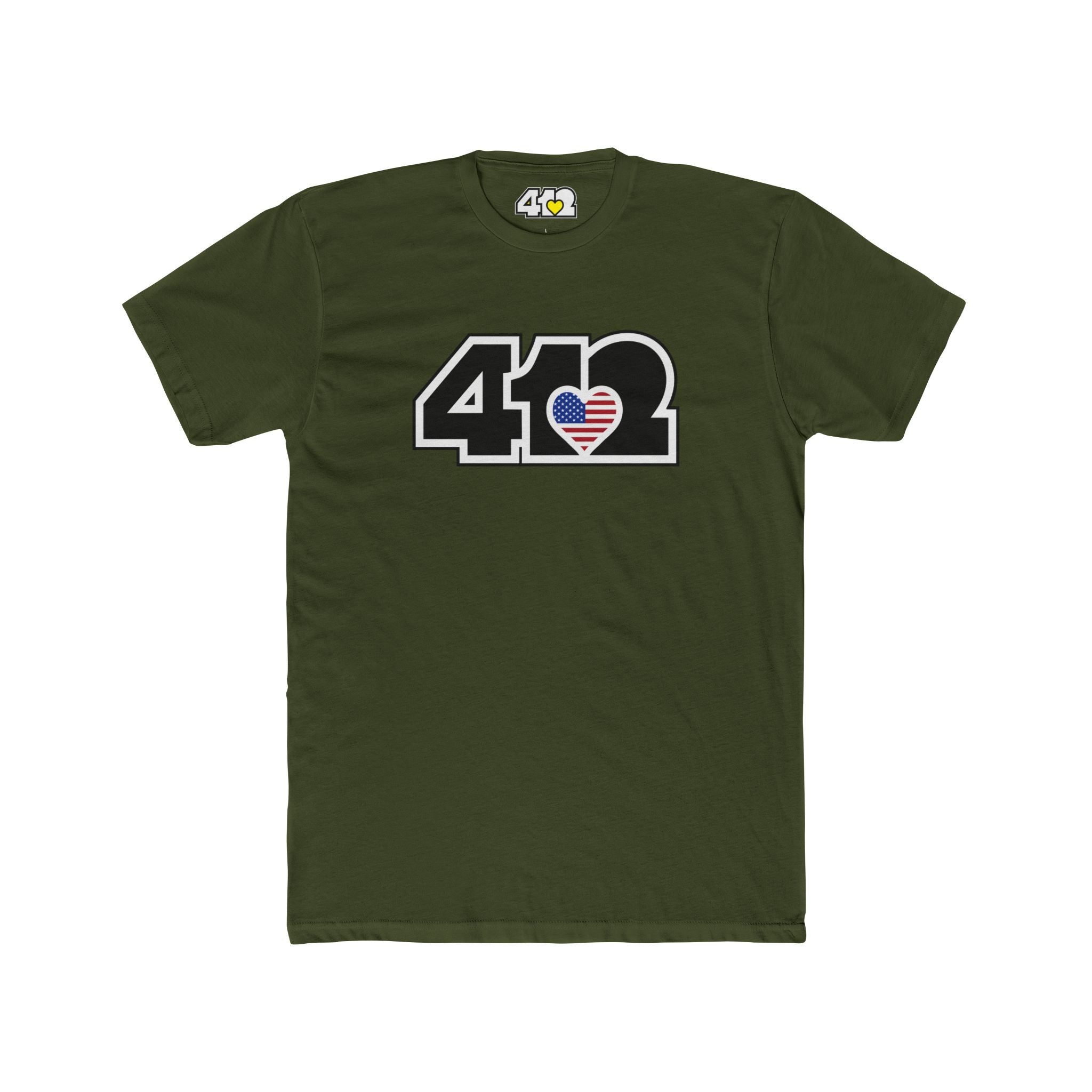 Pittsburgh T-Shirt | Black Stars & Stripes 412 Logo. Apparel Color: Solid Military Green. Tailored fit T-Shirt with breathable cotton fabric, and classic neckline.