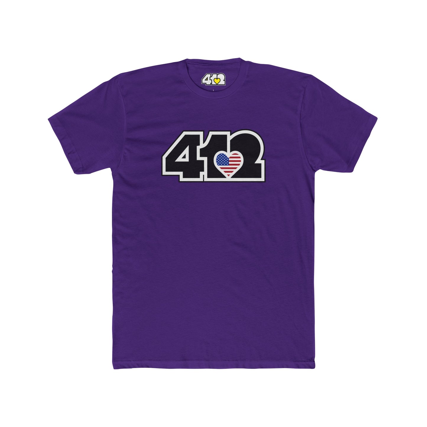Pittsburgh T-Shirt | Black Stars & Stripes 412 Logo. Apparel Color: Solid Purple Rush. Tailored fit T-Shirt with breathable cotton fabric, and classic neckline.