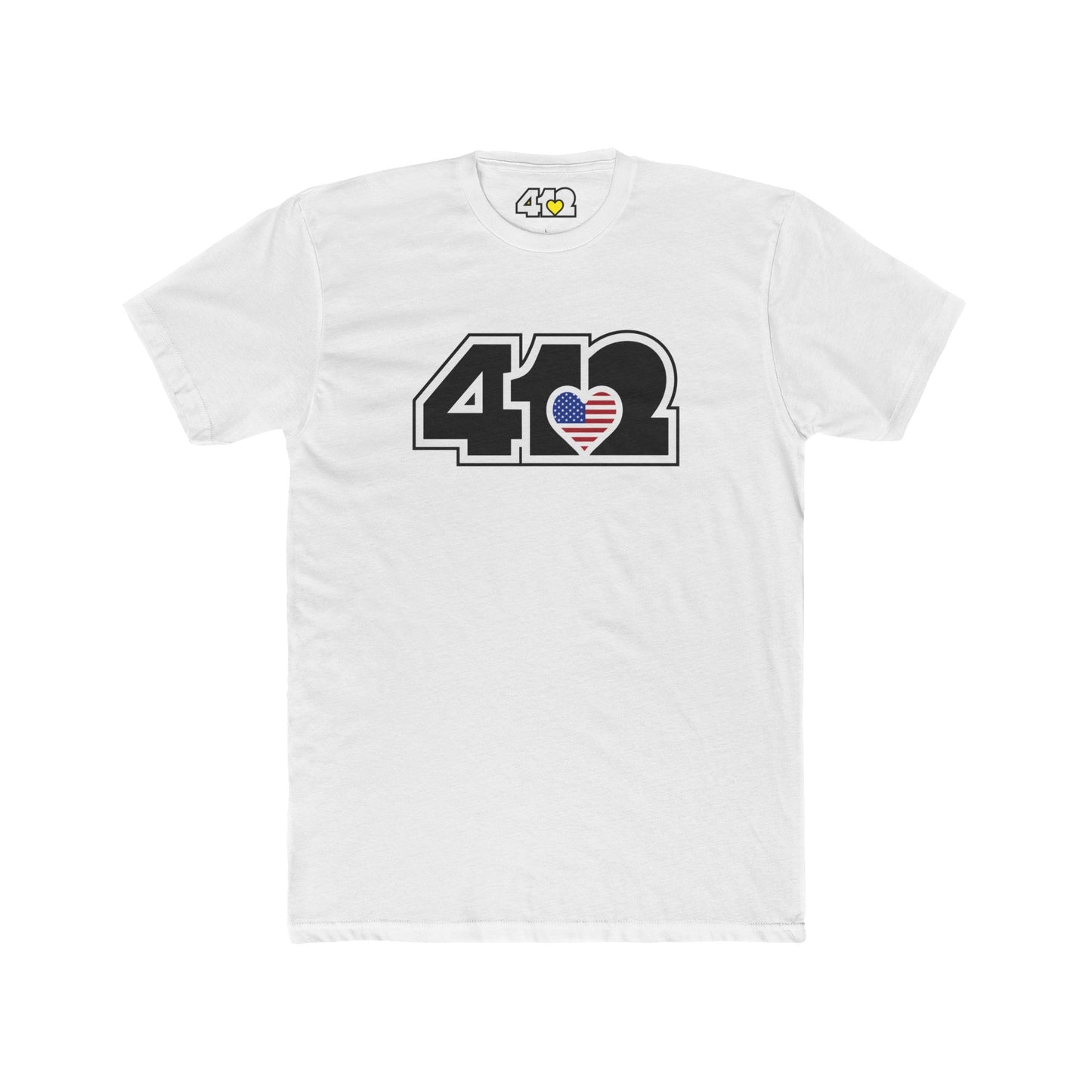 Pittsburgh T-Shirt | Black Stars & Stripes 412 Logo. Apparel Color: Solid White. Tailored fit T-Shirt with breathable cotton fabric, and classic neckline.