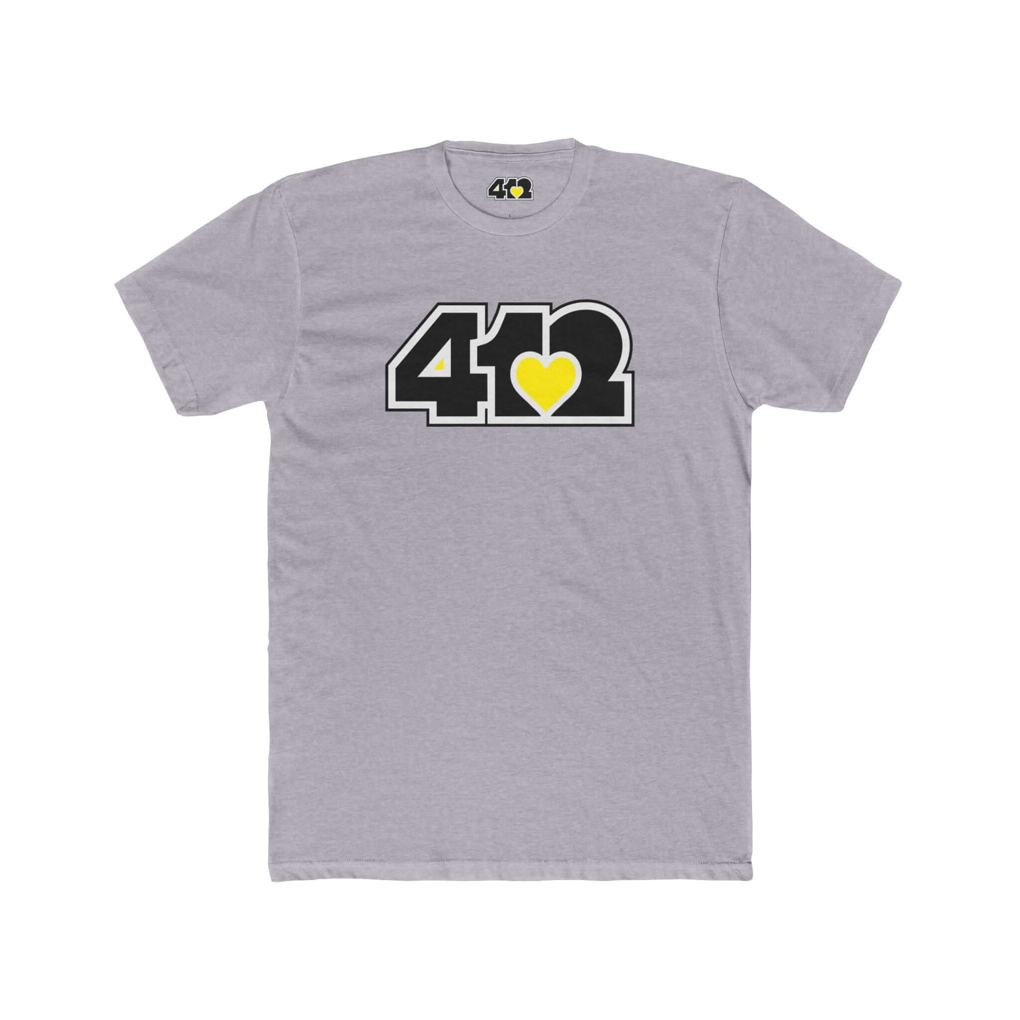 Pittsburgh T-Shirt | Black & Yellow 412 Logo. Apparel Color: Heather Grey. Tailored fit T-Shirt with breathable cotton fabric, and classic neckline.