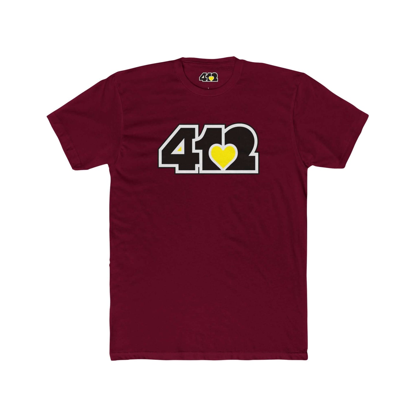 Pittsburgh T-Shirt | Black & Yellow 412 Logo. Apparel Color: Solid Cardinal Red. Tailored fit T-Shirt with breathable cotton fabric, and classic neckline.