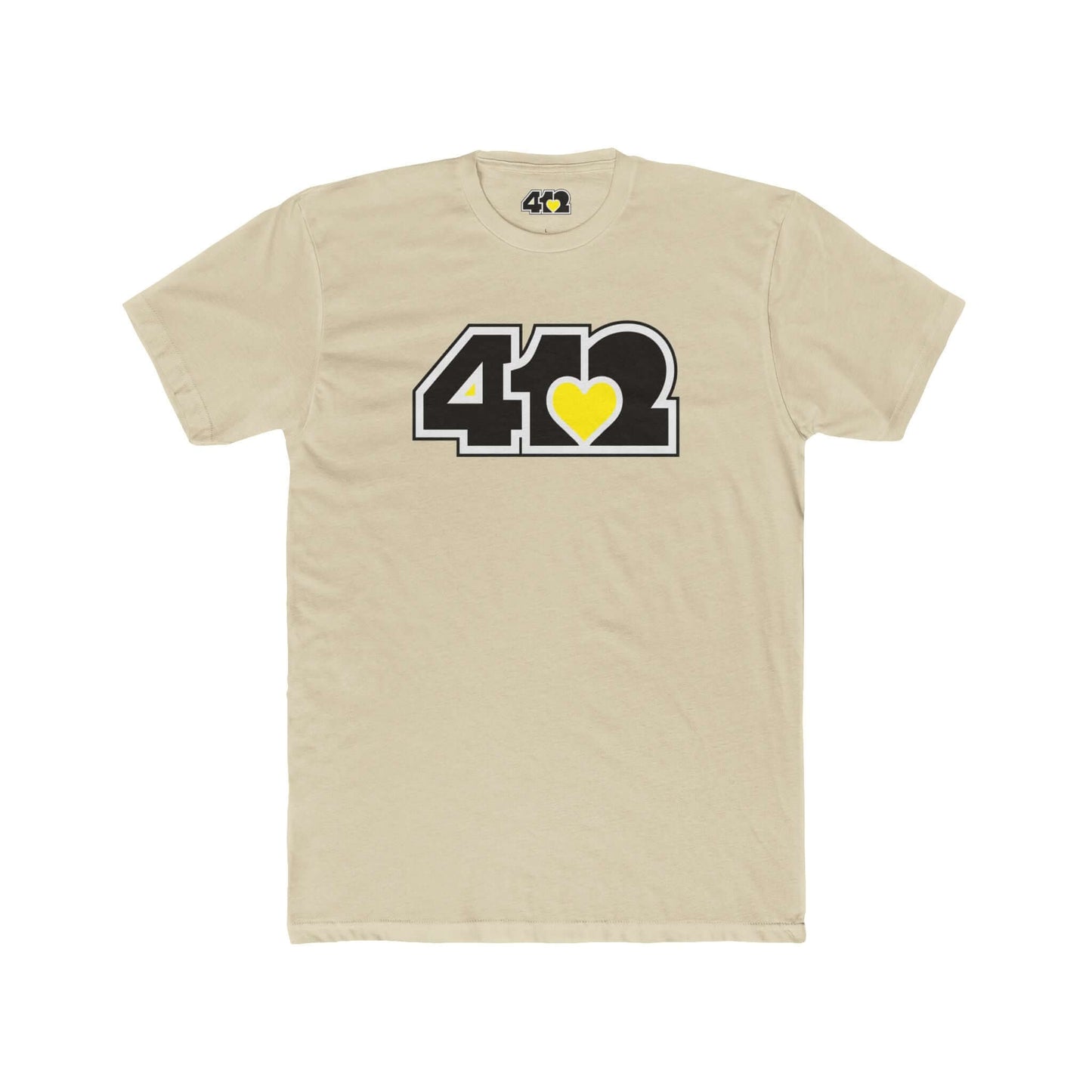 Pittsburgh T-Shirt | Black & Yellow 412 Logo. Apparel Color: Solid Cream. Tailored fit T-Shirt with breathable cotton fabric, and classic neckline.