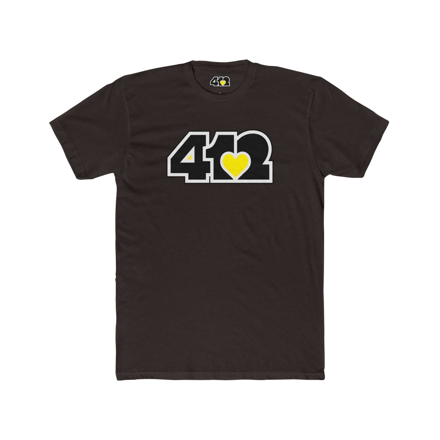 Pittsburgh T-Shirt | Black & Yellow 412 Logo. Apparel Color: Solid Dark Chocolate. Tailored fit T-Shirt with breathable cotton fabric, and classic neckline.