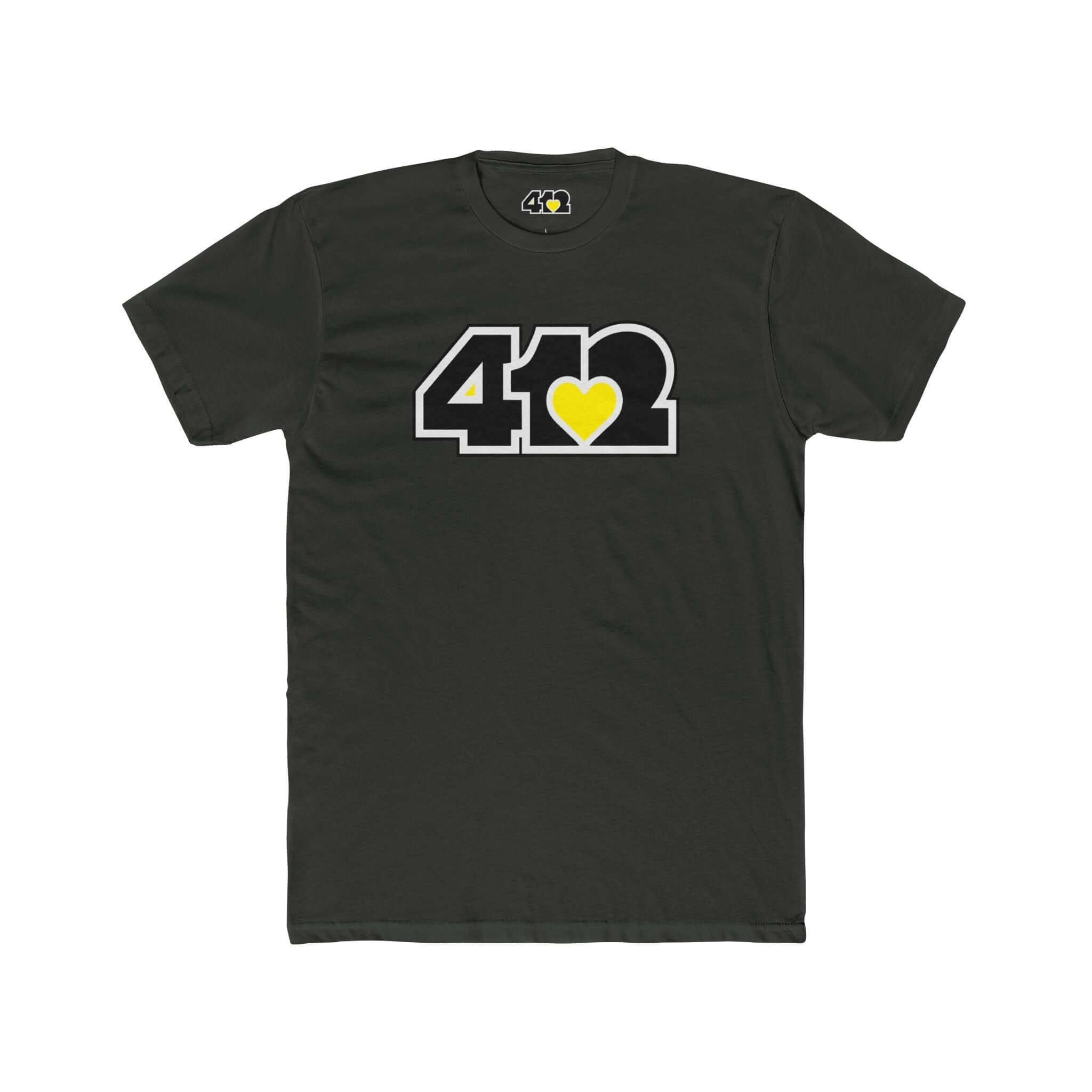 Pittsburgh T-Shirt | Black & Yellow 412 Logo. Apparel Color: Solid Heavy Metal. Tailored fit T-Shirt with breathable cotton fabric, and classic neckline.