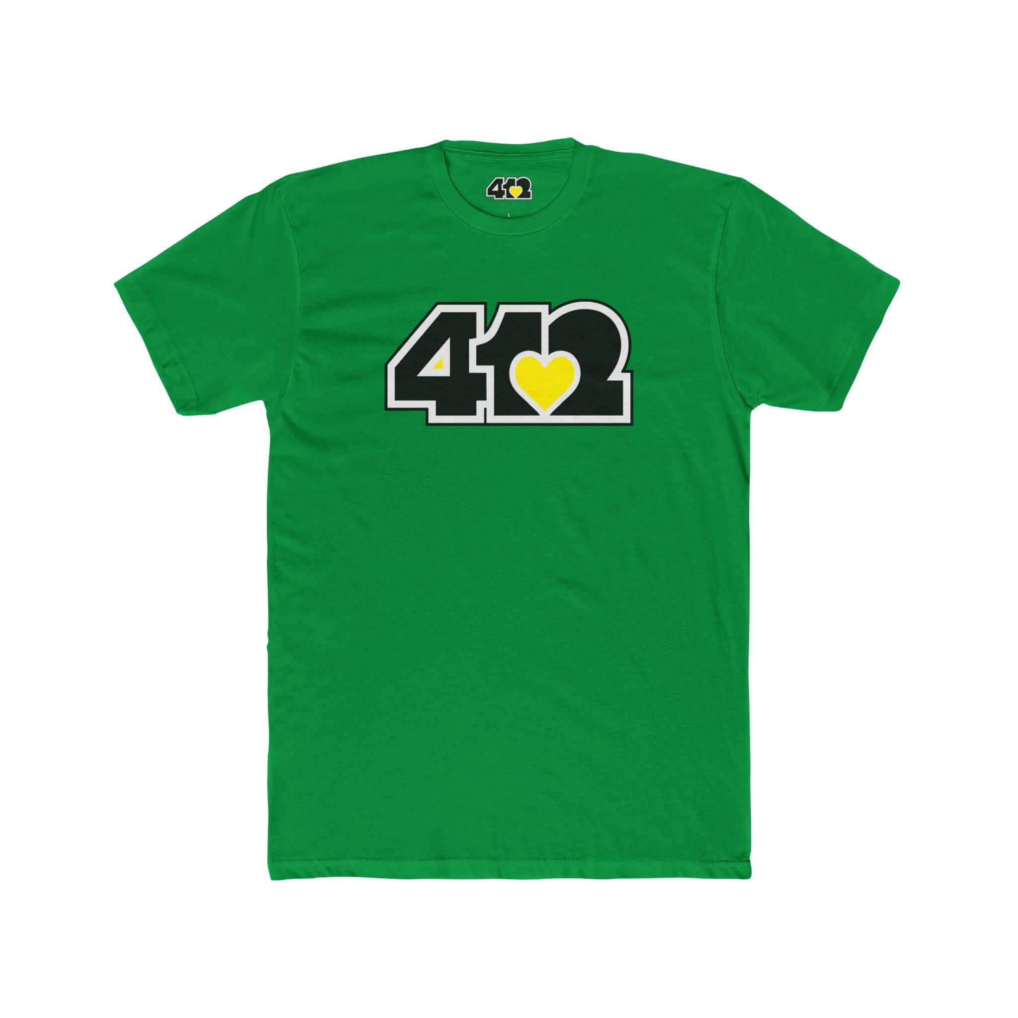Pittsburgh T-Shirt | Black & Yellow 412 Logo. Apparel Color: Solid Kelly Green. Tailored fit T-Shirt with breathable cotton fabric, and classic neckline.