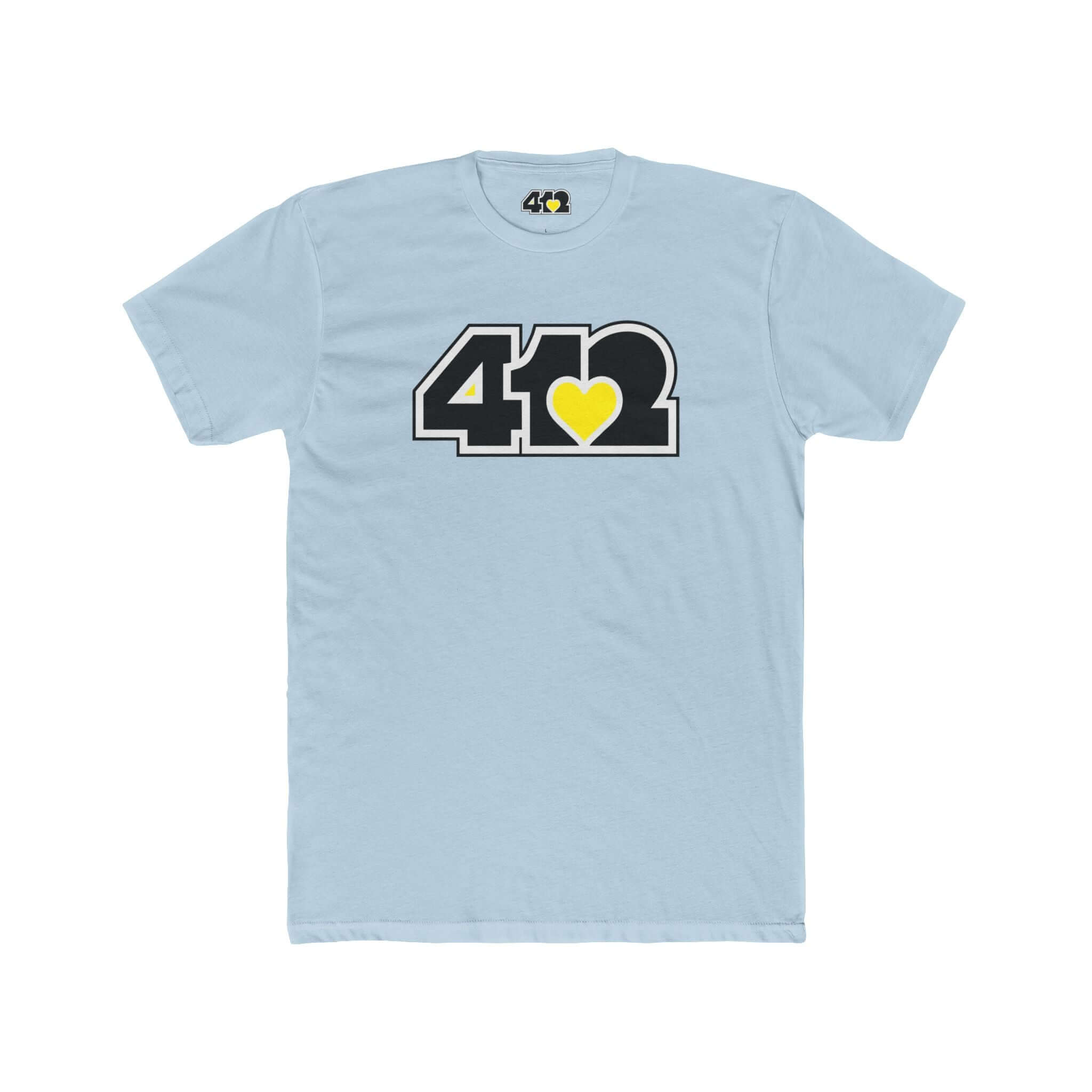 Pittsburgh T-Shirt | Black & Yellow 412 Logo. Apparel Color: Solid Light Blue. Tailored fit T-Shirt with breathable cotton fabric, and classic neckline.