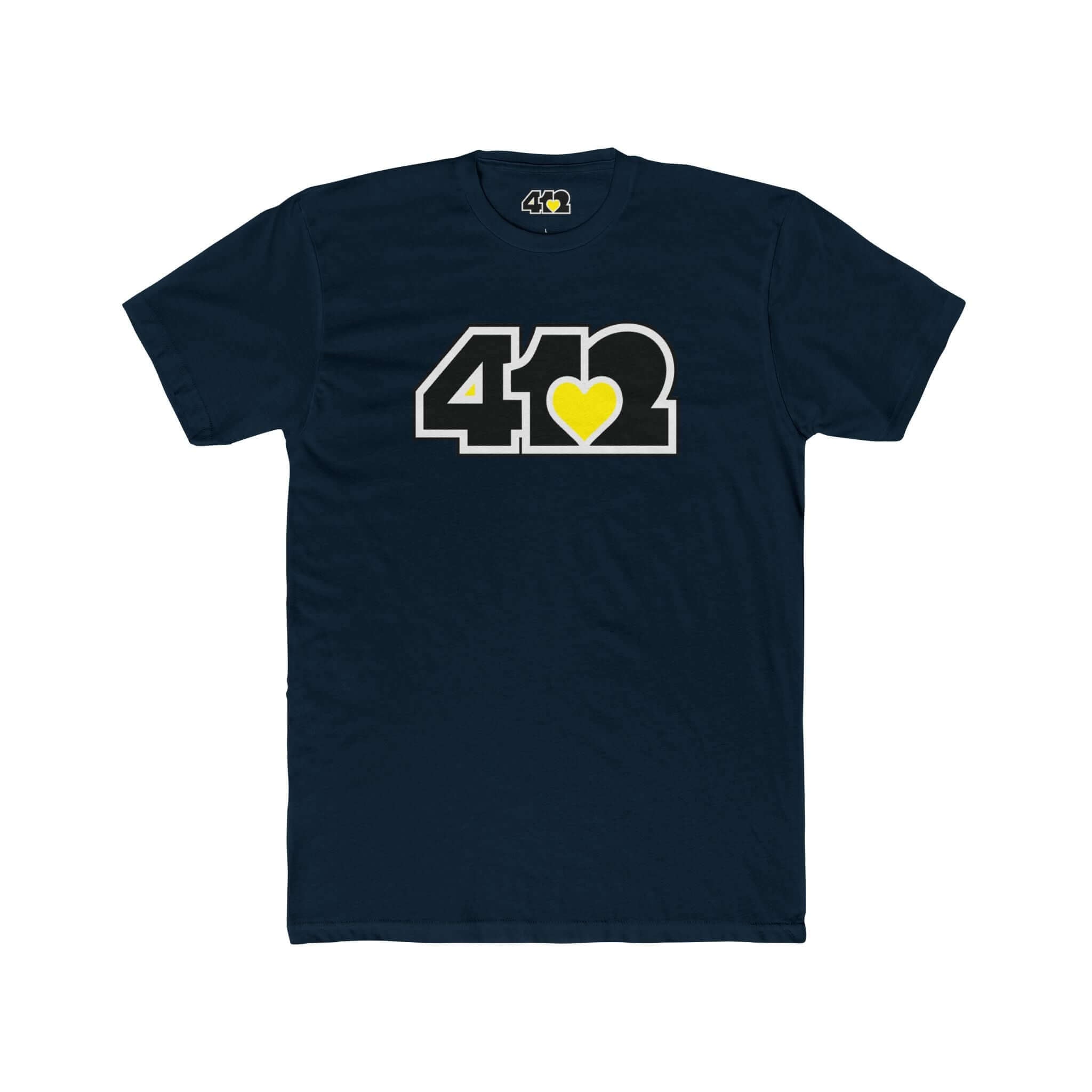 Pittsburgh T-Shirt | Black & Yellow 412 Logo. Apparel Color: Solid Midnight Navy. Tailored fit T-Shirt with breathable cotton fabric, and classic neckline.