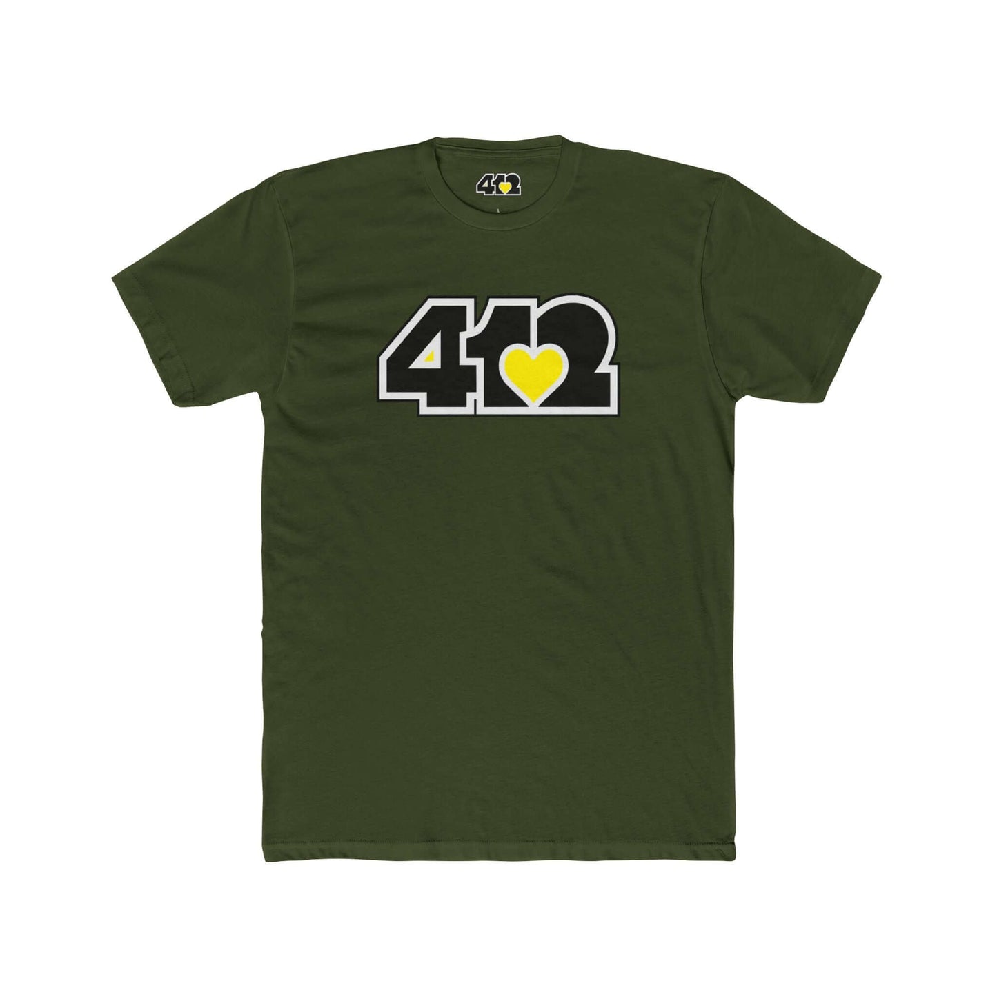 Pittsburgh T-Shirt | Black & Yellow 412 Logo. Apparel Color: Solid Military Green. Tailored fit T-Shirt with breathable cotton fabric, and classic neckline.