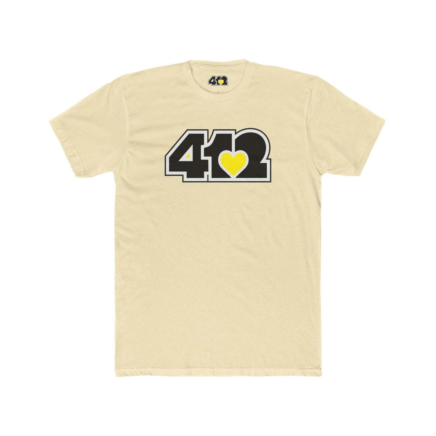 Pittsburgh T-Shirt | Black & Yellow 412 Logo. Apparel Color: Solid Natural. Tailored fit T-Shirt with breathable cotton fabric, and classic neckline.
