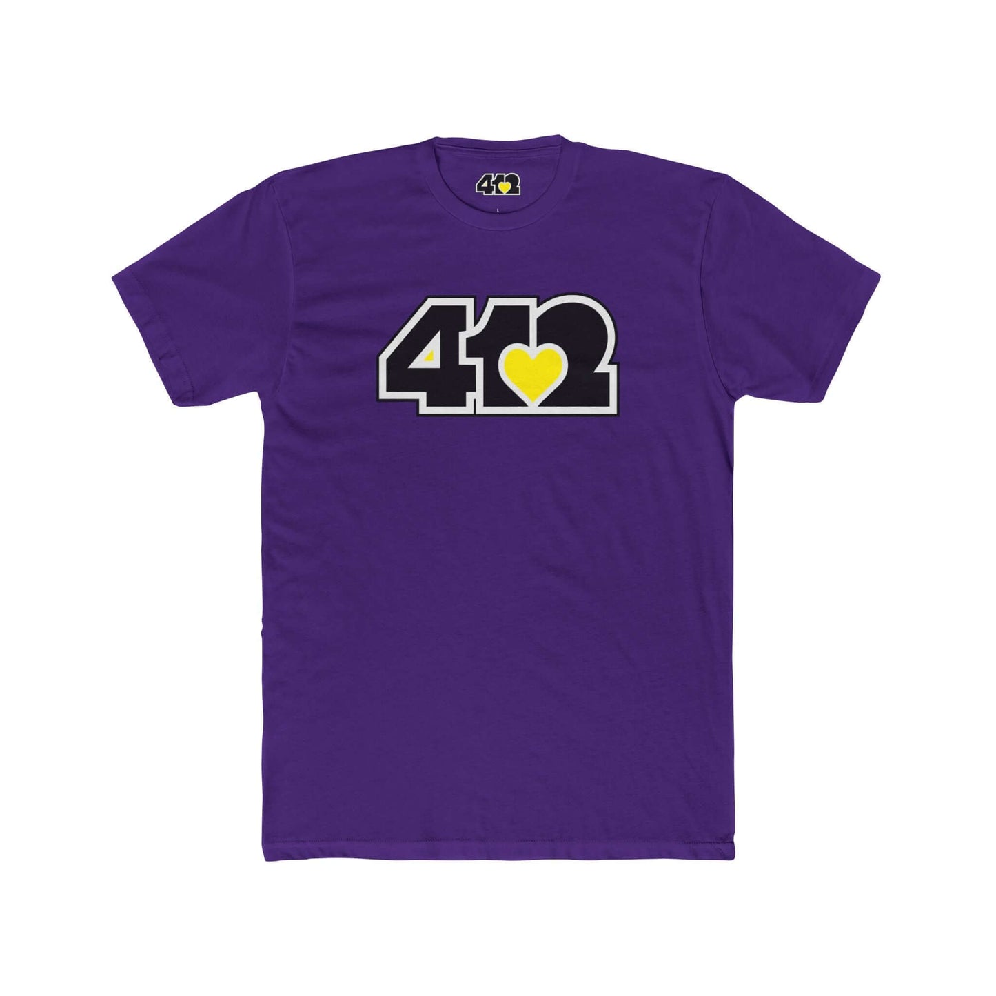 Pittsburgh T-Shirt | Black & Yellow 412 Logo. Apparel Color: Solid Purple Rush. Tailored fit T-Shirt with breathable cotton fabric, and classic neckline.