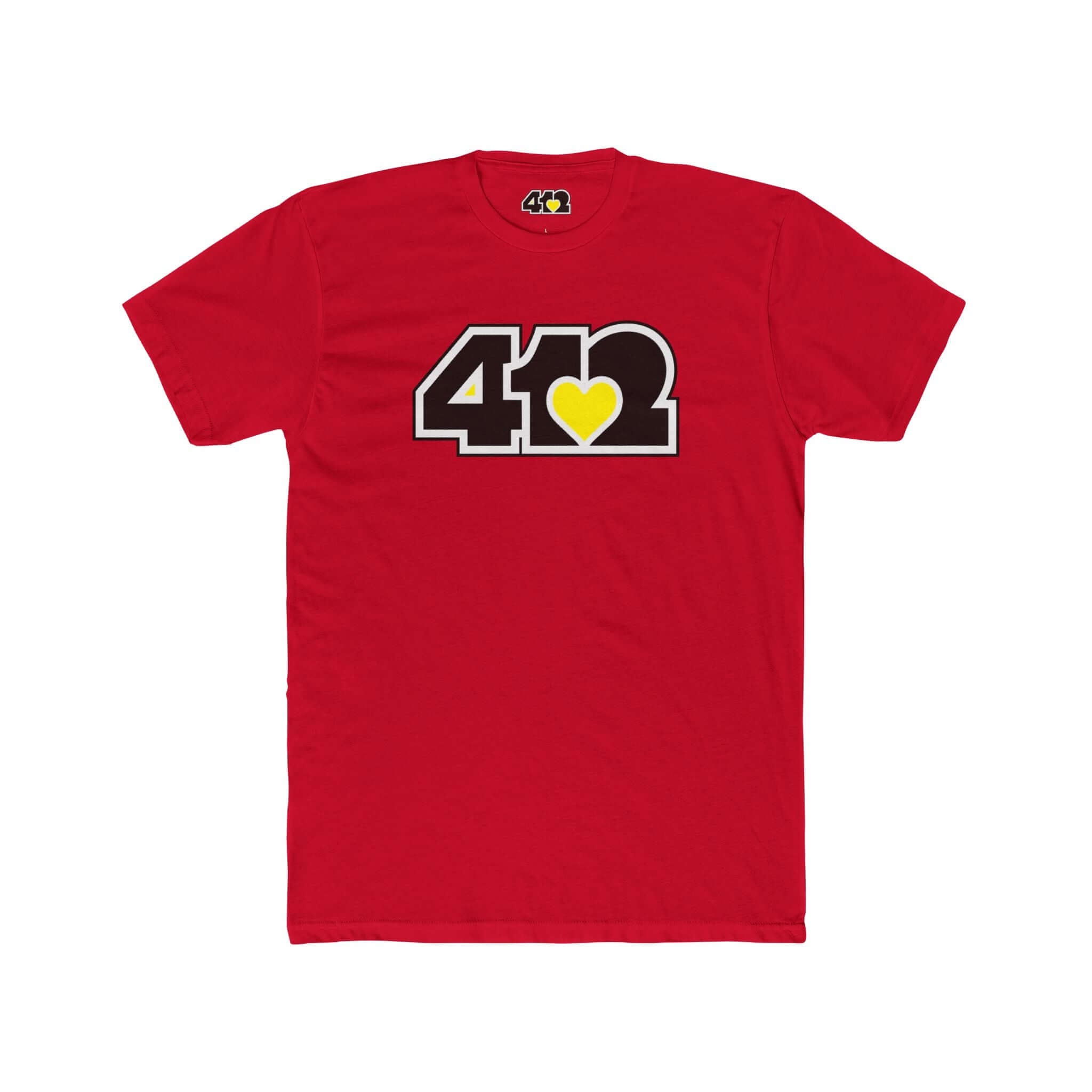 Pittsburgh T-Shirt | Black & Yellow 412 Logo. Apparel Color: Solid Red. Tailored fit T-Shirt with breathable cotton fabric, and classic neckline.