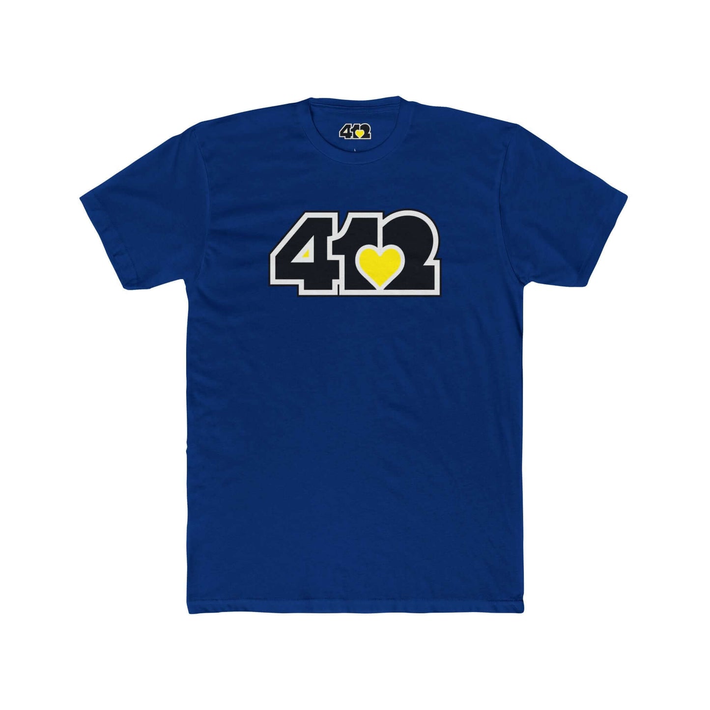 Pittsburgh T-Shirt | Black & Yellow 412 Logo. Apparel Color: Solid Royal. Tailored fit T-Shirt with breathable cotton fabric, and classic neckline.