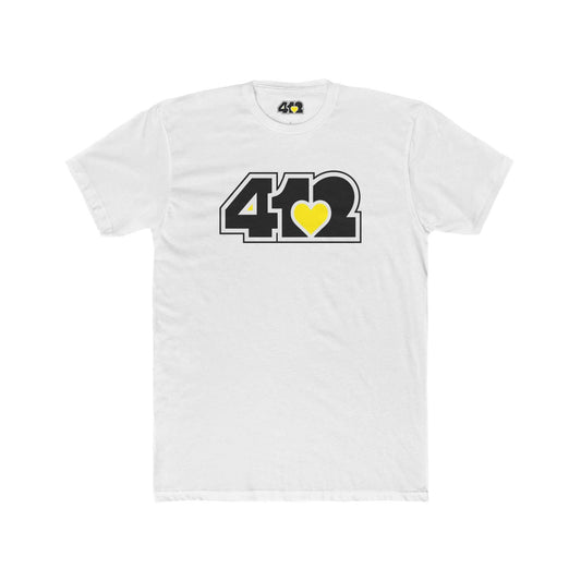 Pittsburgh T-Shirt | Black & Yellow 412 Logo. Apparel Color: Solid White. Tailored fit T-Shirt with breathable cotton fabric, and classic neckline.