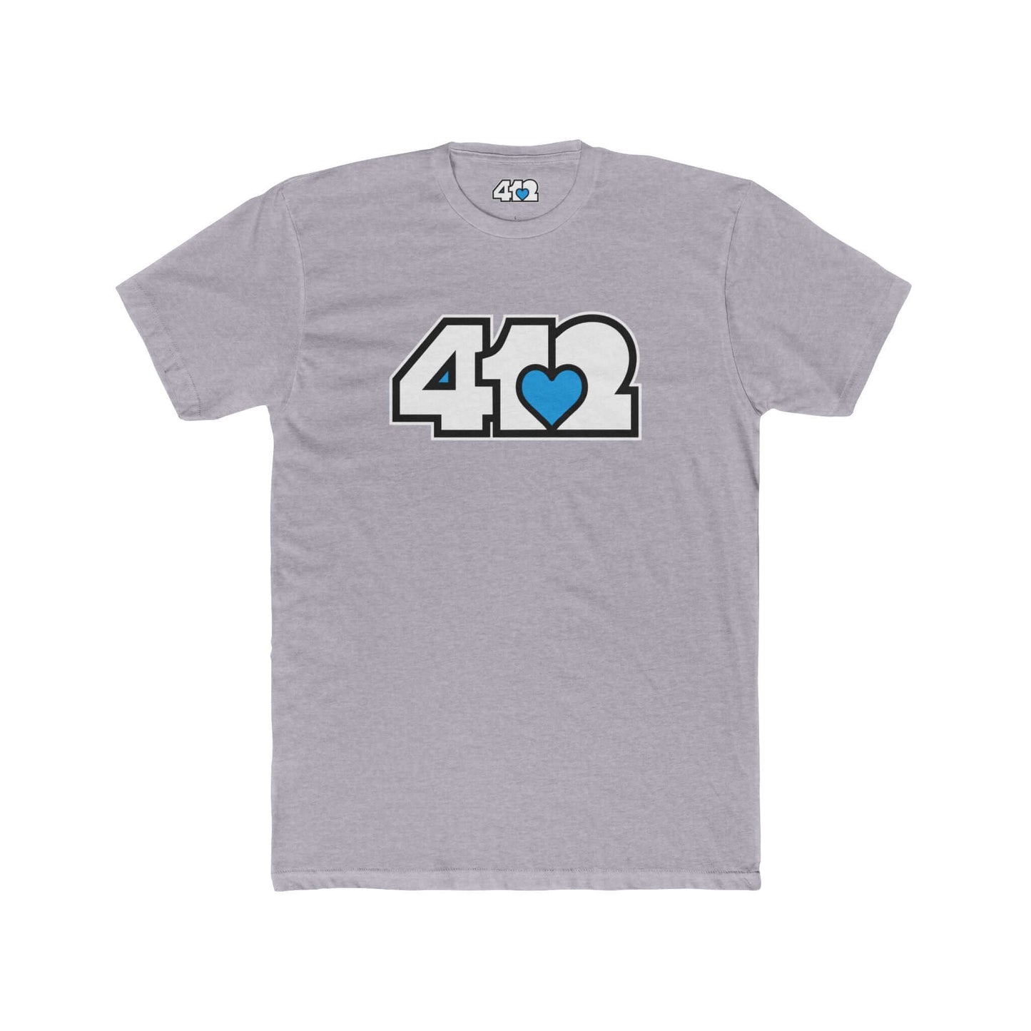 Pittsburgh T-Shirt | White & Blue 412 Logo. Apparel Color: Heather Grey. Tailored fit T-Shirt with breathable cotton fabric, and classic neckline.