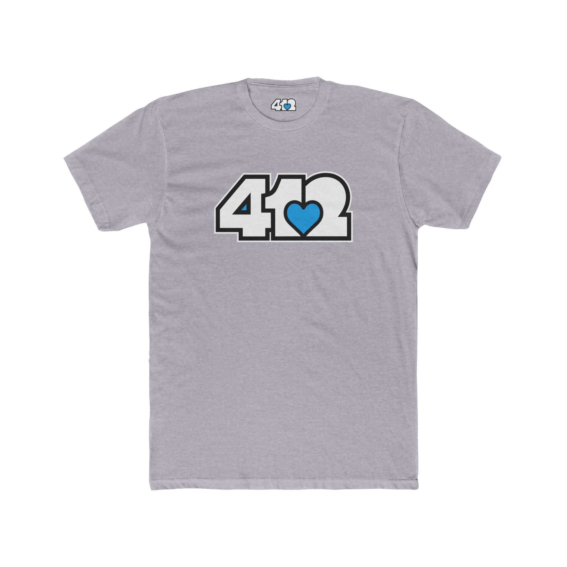 Pittsburgh T-Shirt | White & Blue 412 Logo. Apparel Color: Heather Grey. Tailored fit T-Shirt with breathable cotton fabric, and classic neckline.