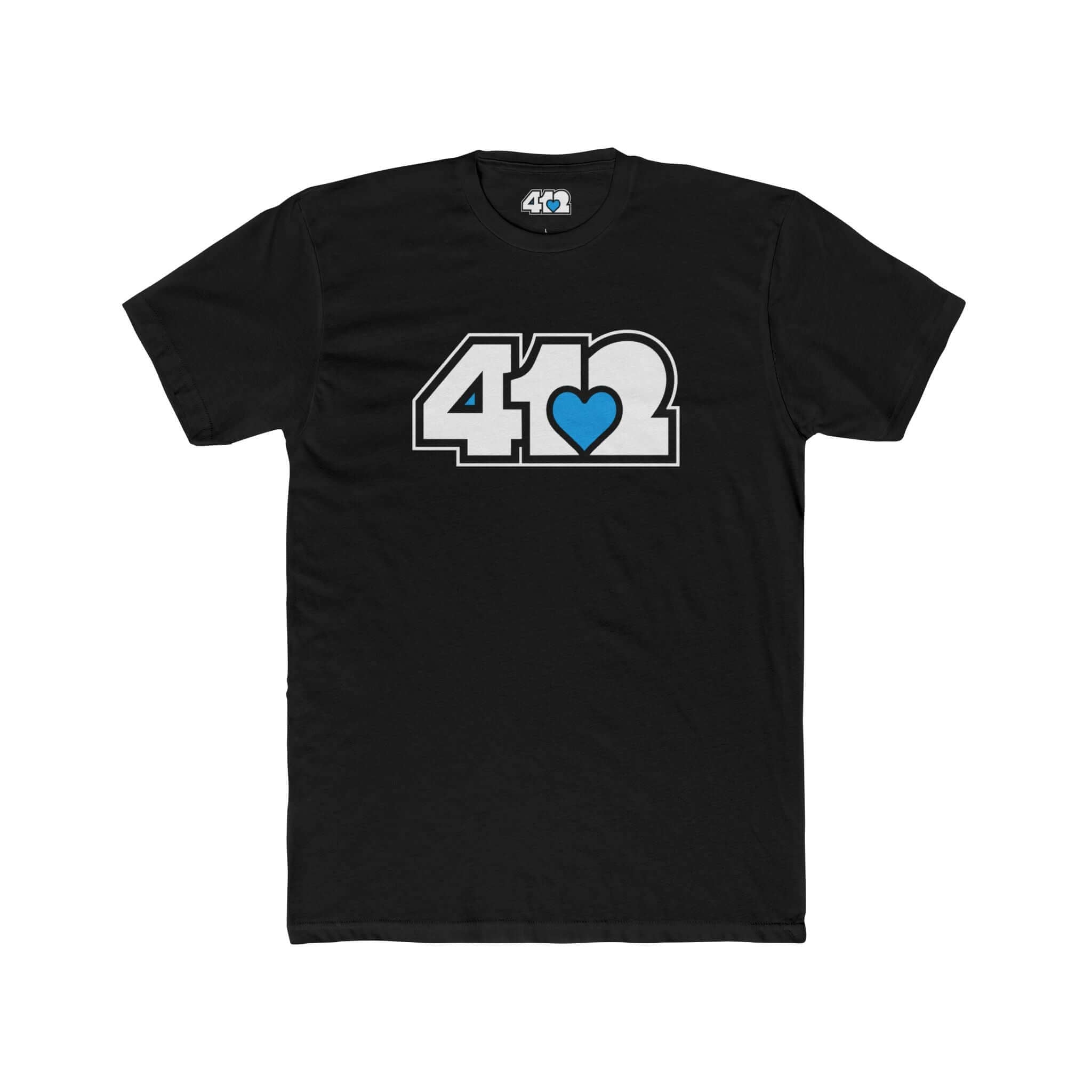 Pittsburgh T-Shirt | White & Blue 412 Logo. Apparel Color: Solid Black. Tailored fit T-Shirt with breathable cotton fabric, and classic neckline.