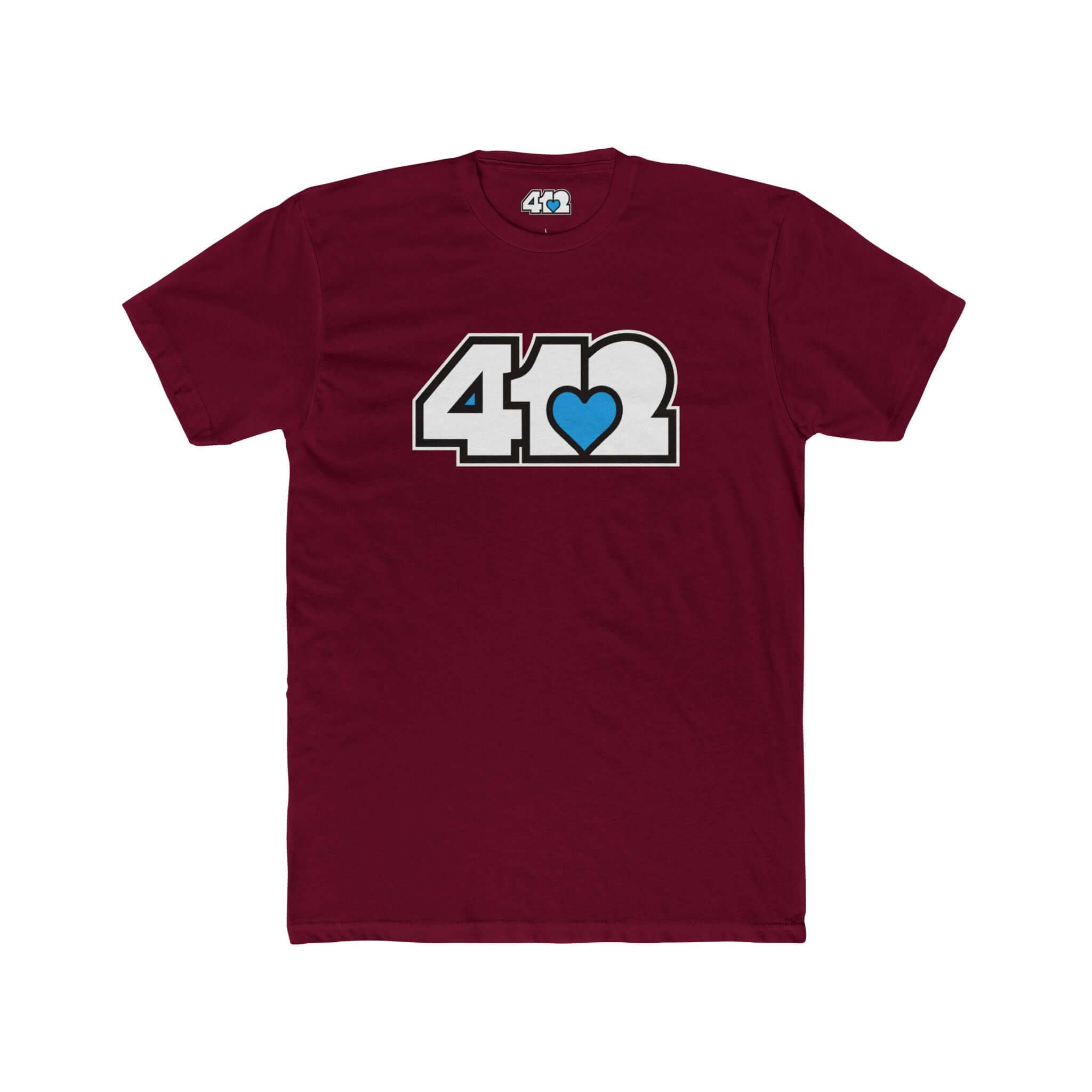 Pittsburgh T-Shirt | White & Blue 412 Logo. Apparel Color: Solid Cardinal Red. Tailored fit T-Shirt with breathable cotton fabric, and classic neckline.