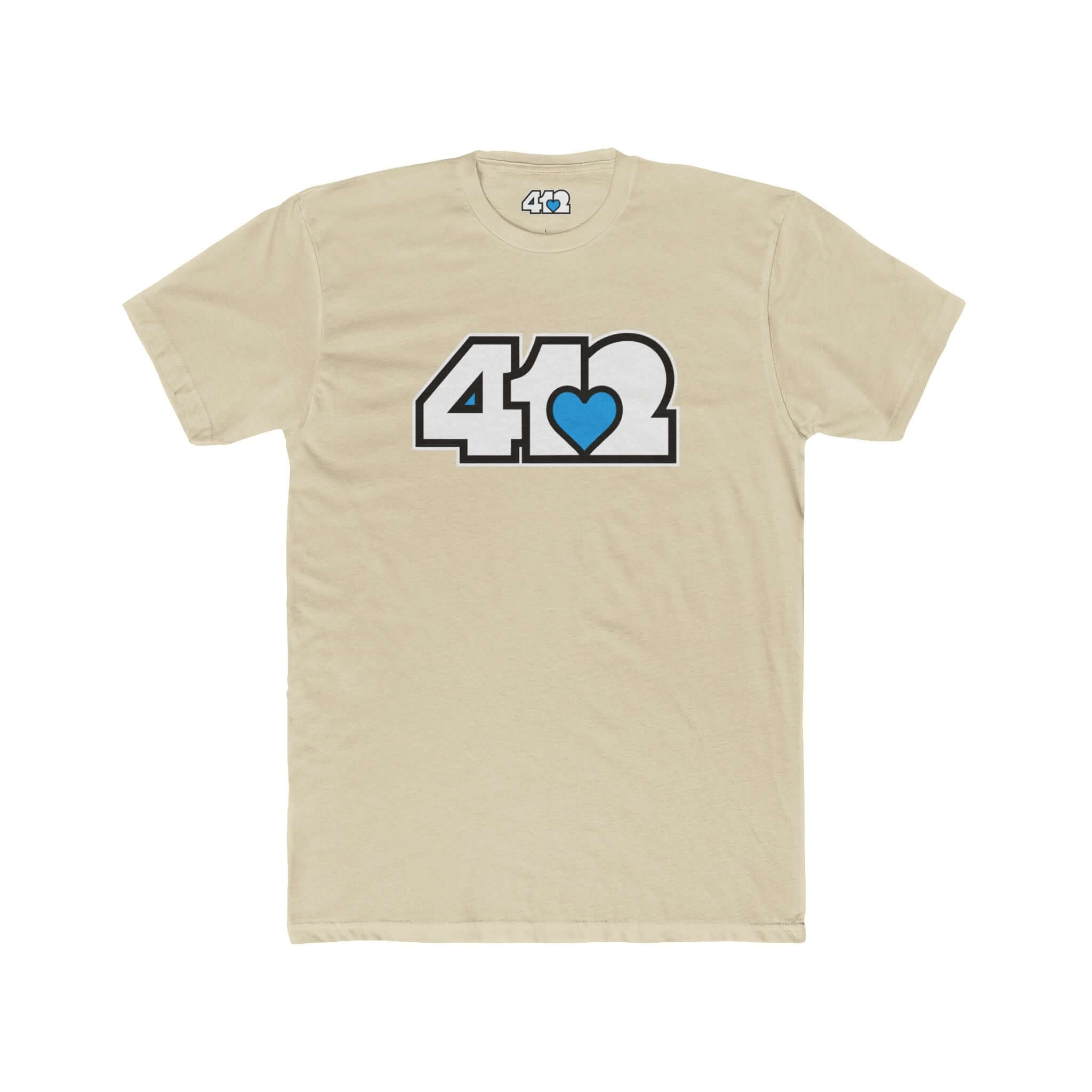 Pittsburgh T-Shirt | White & Blue 412 Logo. Apparel Color: Solid Cream. Tailored fit T-Shirt with breathable cotton fabric, and classic neckline.
