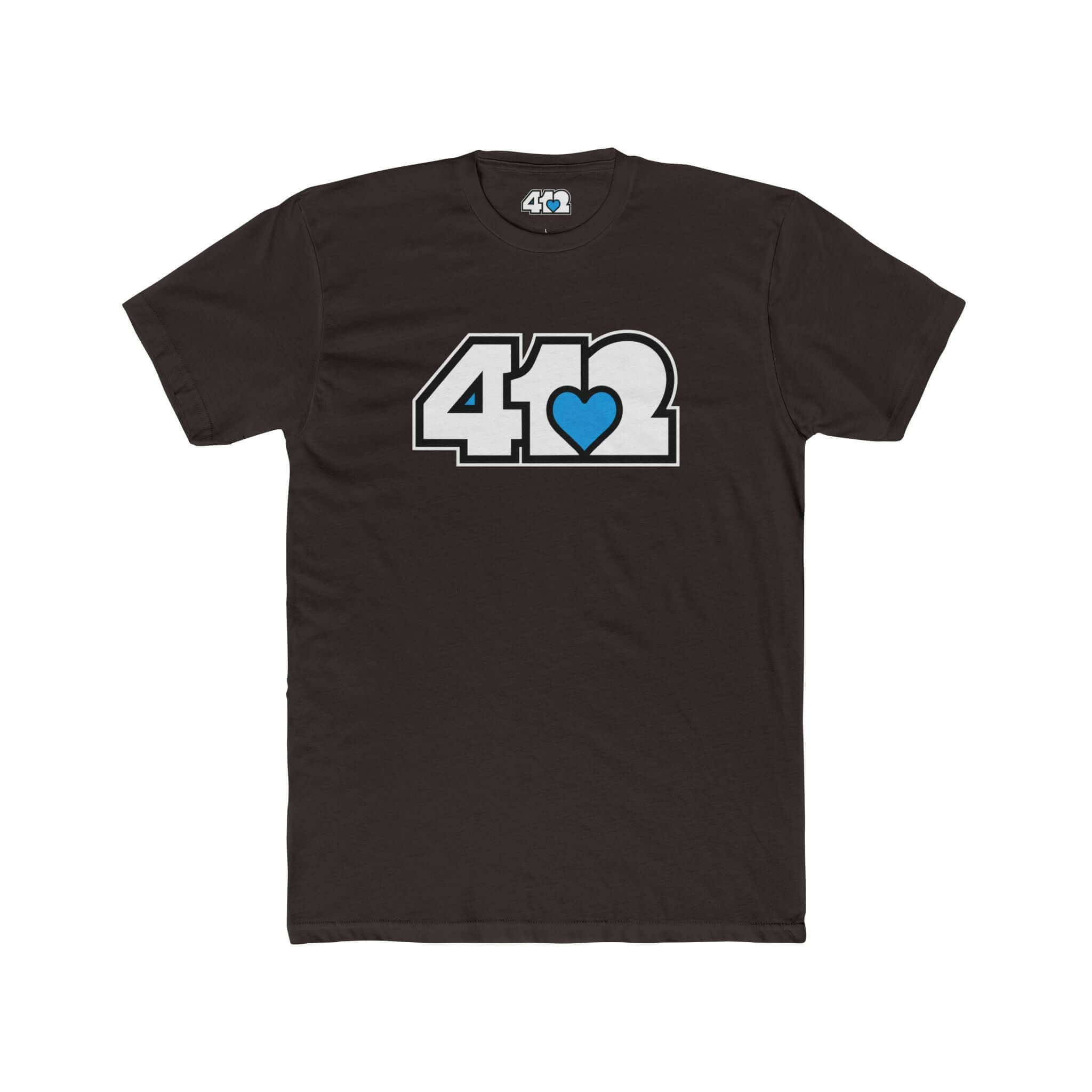 Pittsburgh T-Shirt | White & Blue 412 Logo. Apparel Color: Solid Dark Chocolate. Tailored fit T-Shirt with breathable cotton fabric, and classic neckline.